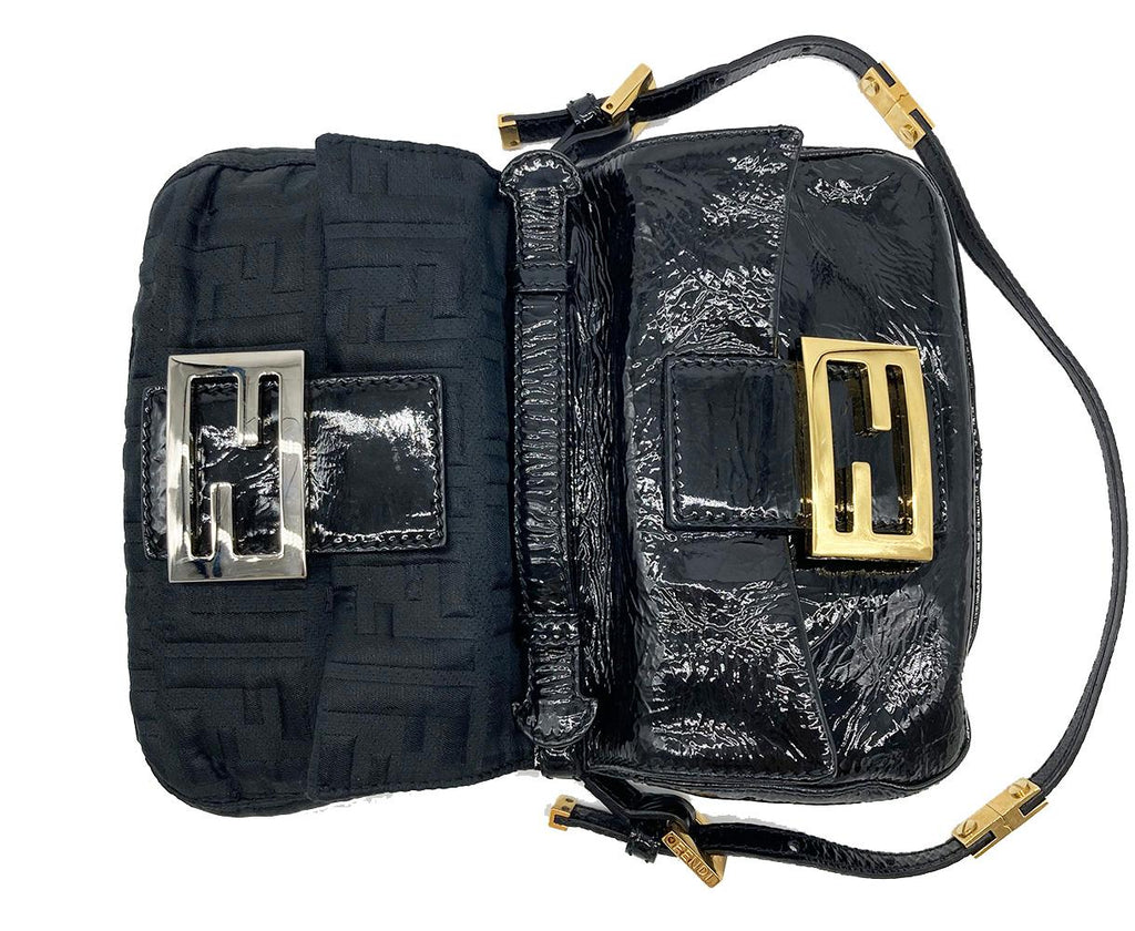 FENDI Black Patent and Silk Zucca Double Mini Baguette