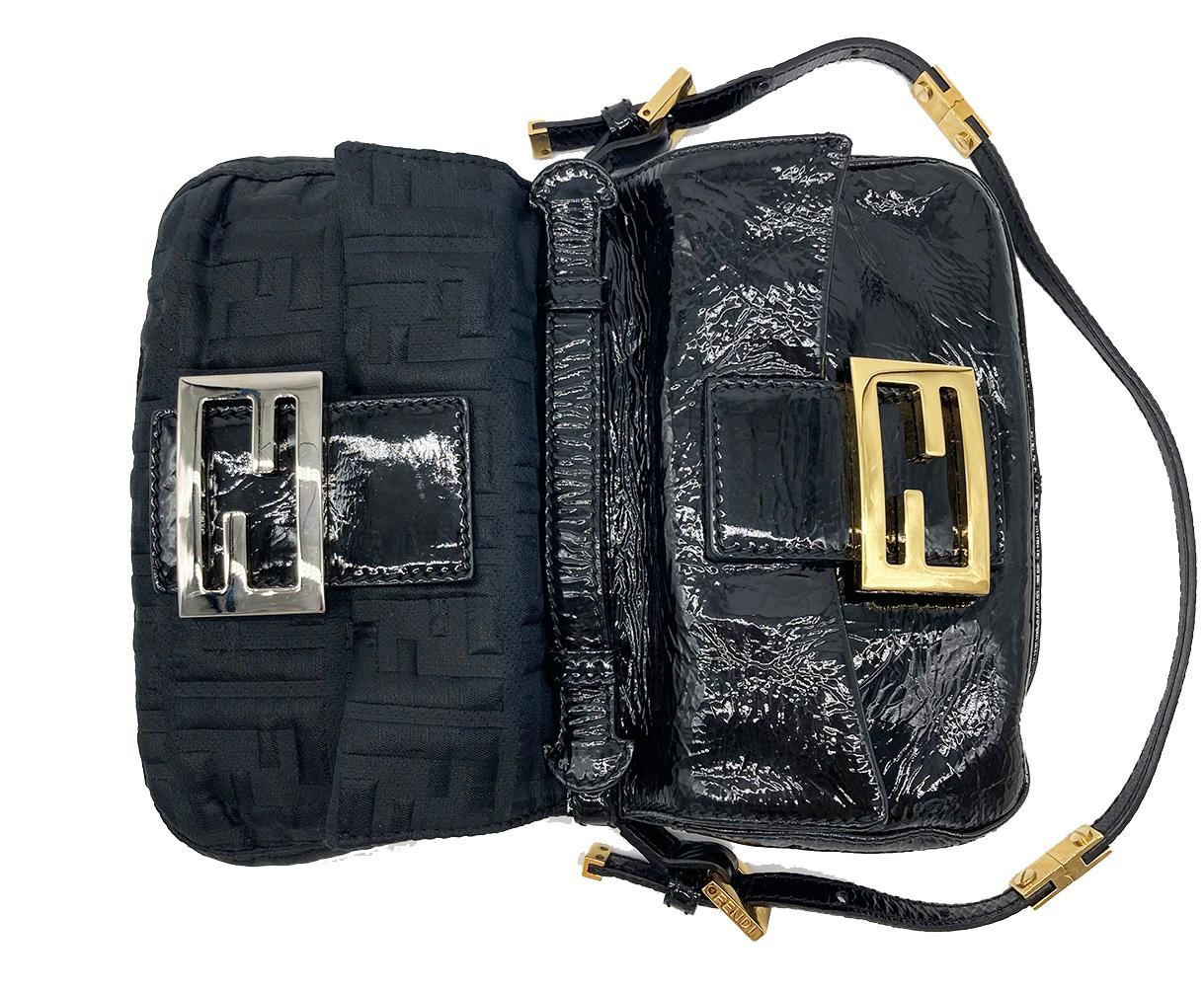 FENDI Black Patent and Silk Zucca Double Mini Baguette