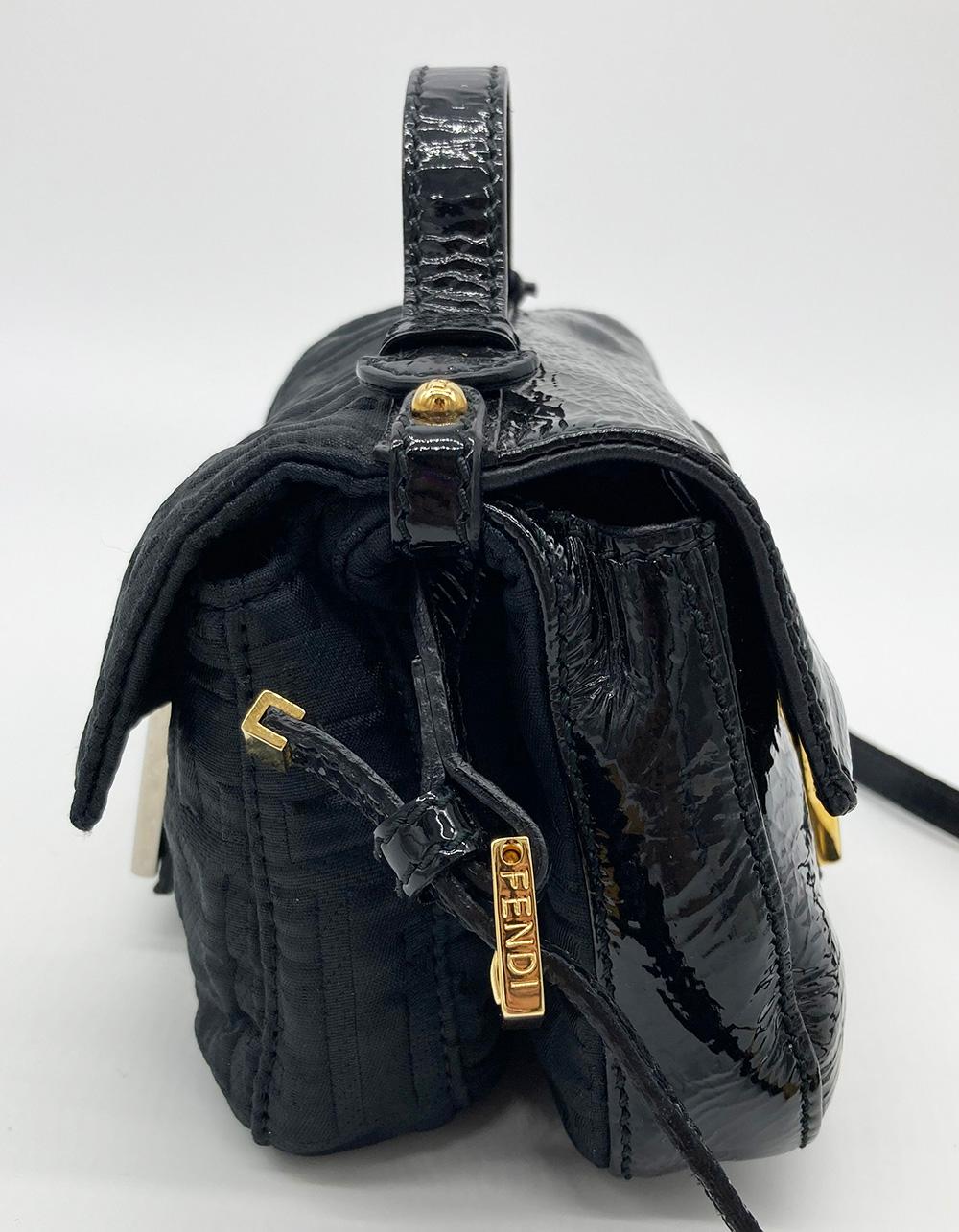 FENDI Black Patent and Silk Zucca Double Mini Baguette