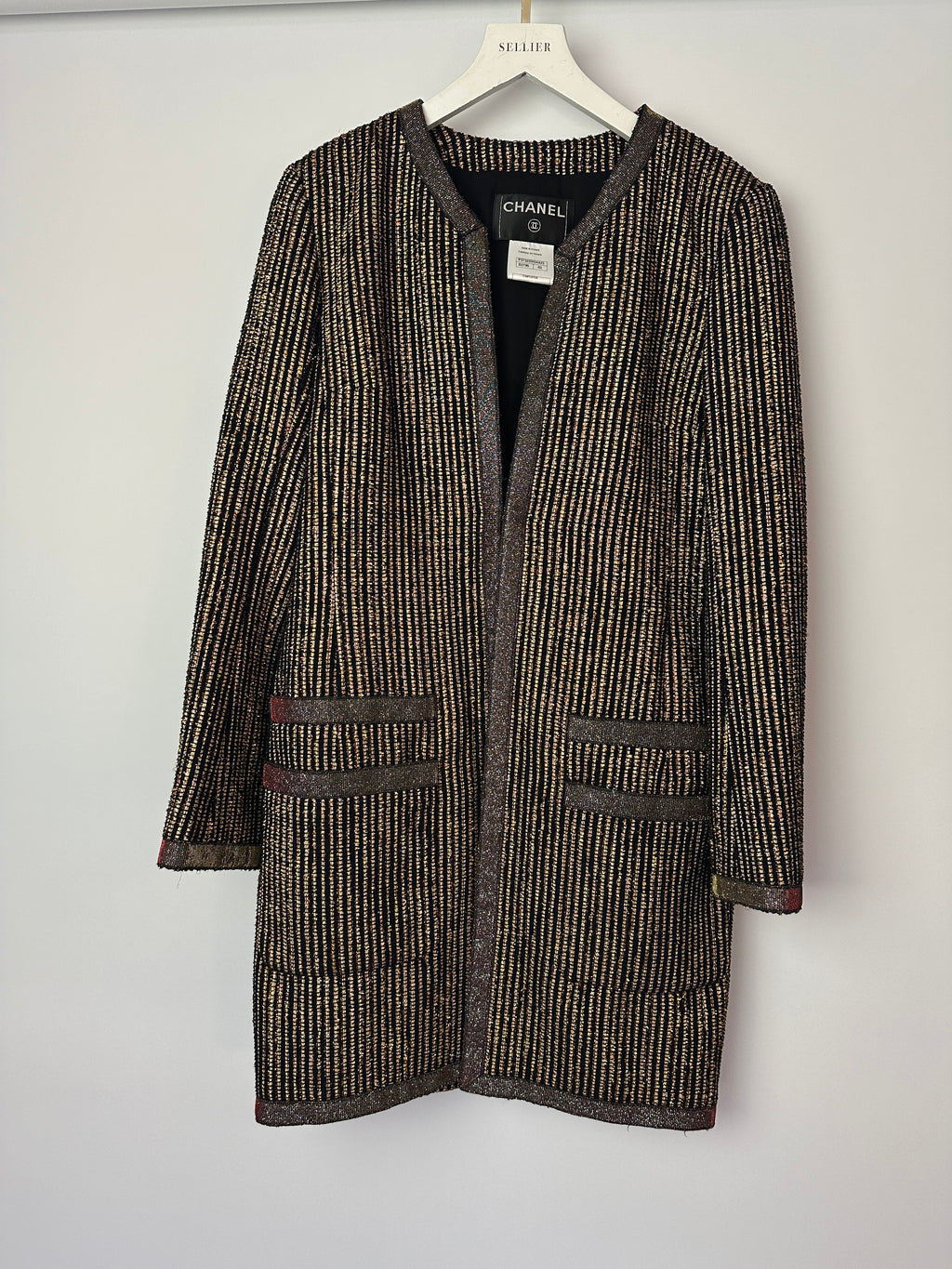 Chanel 10C Cruise Black, Red and Gold Tweed Longline Jacket with Metallic Trim Detail FR 40 (UK 12) RRP £2460