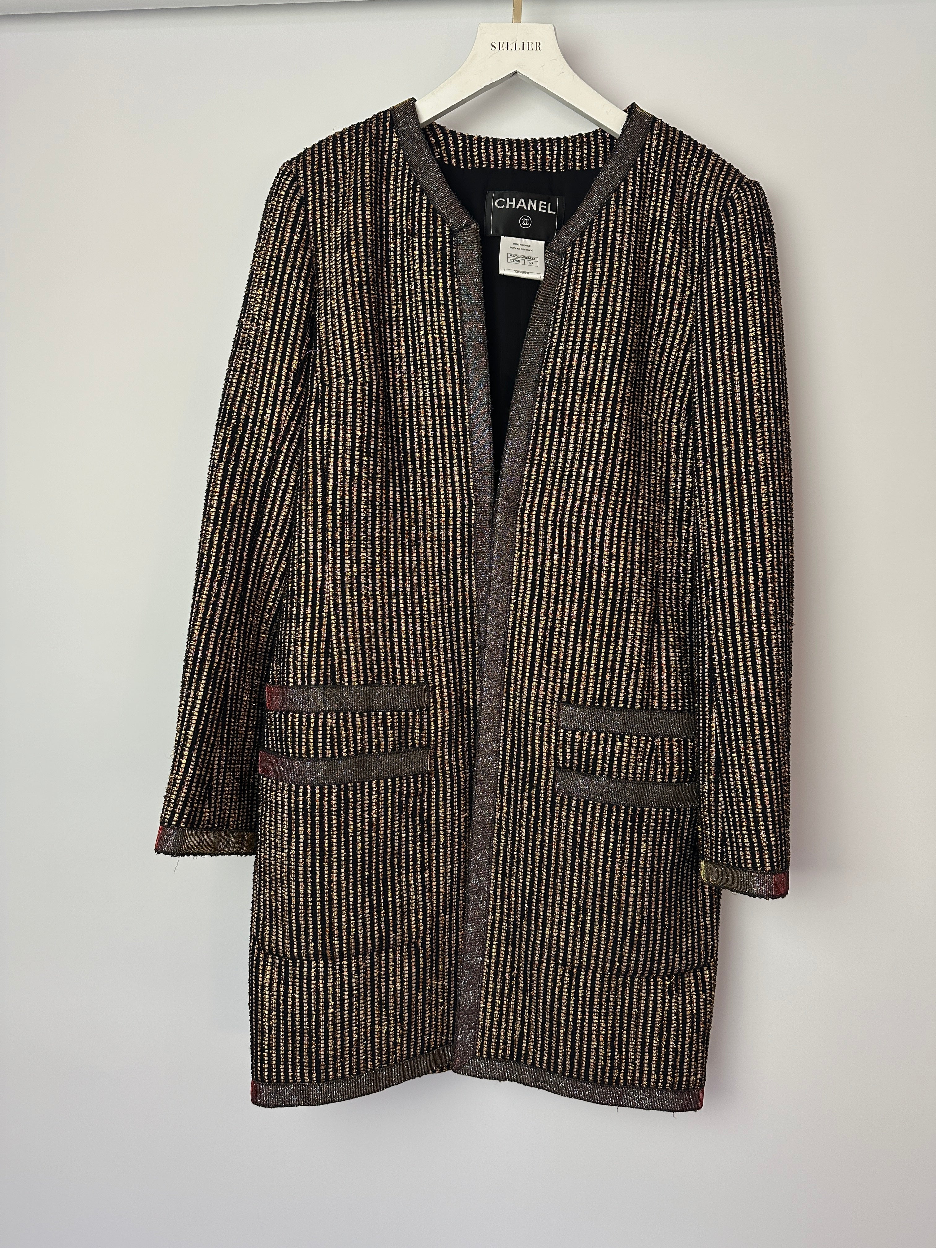 Chanel 10C Cruise Black, Red and Gold Tweed Longline Jacket with Metallic Trim Detail FR 40 (UK 12) RRP £2460