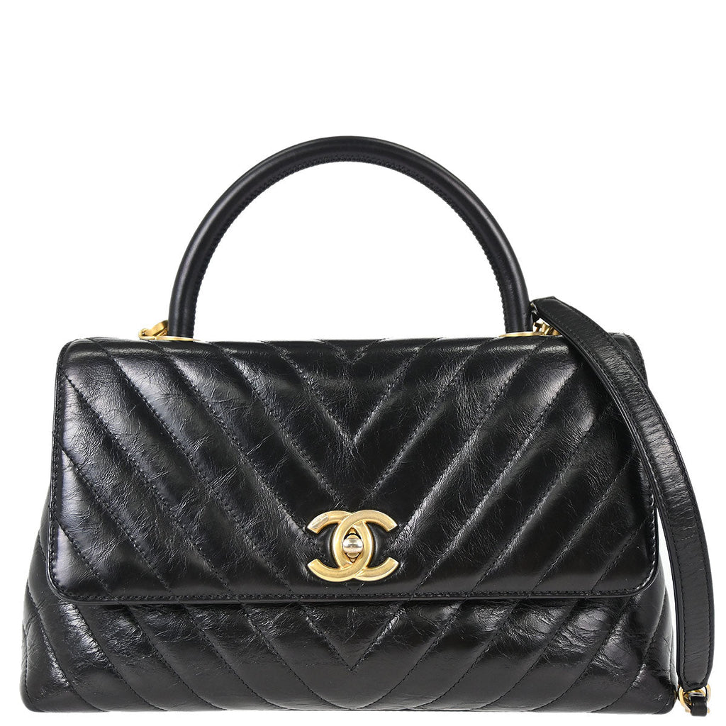 Chanel 2018 Black Calfskin Chevron Coco Handle 2way Shoulder Handbag