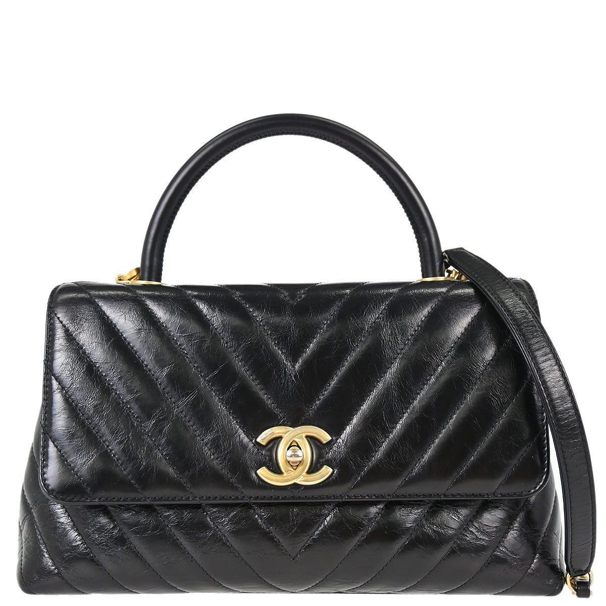 Chanel 2018 Black Calfskin Chevron Coco Handle 2way Shoulder Handbag