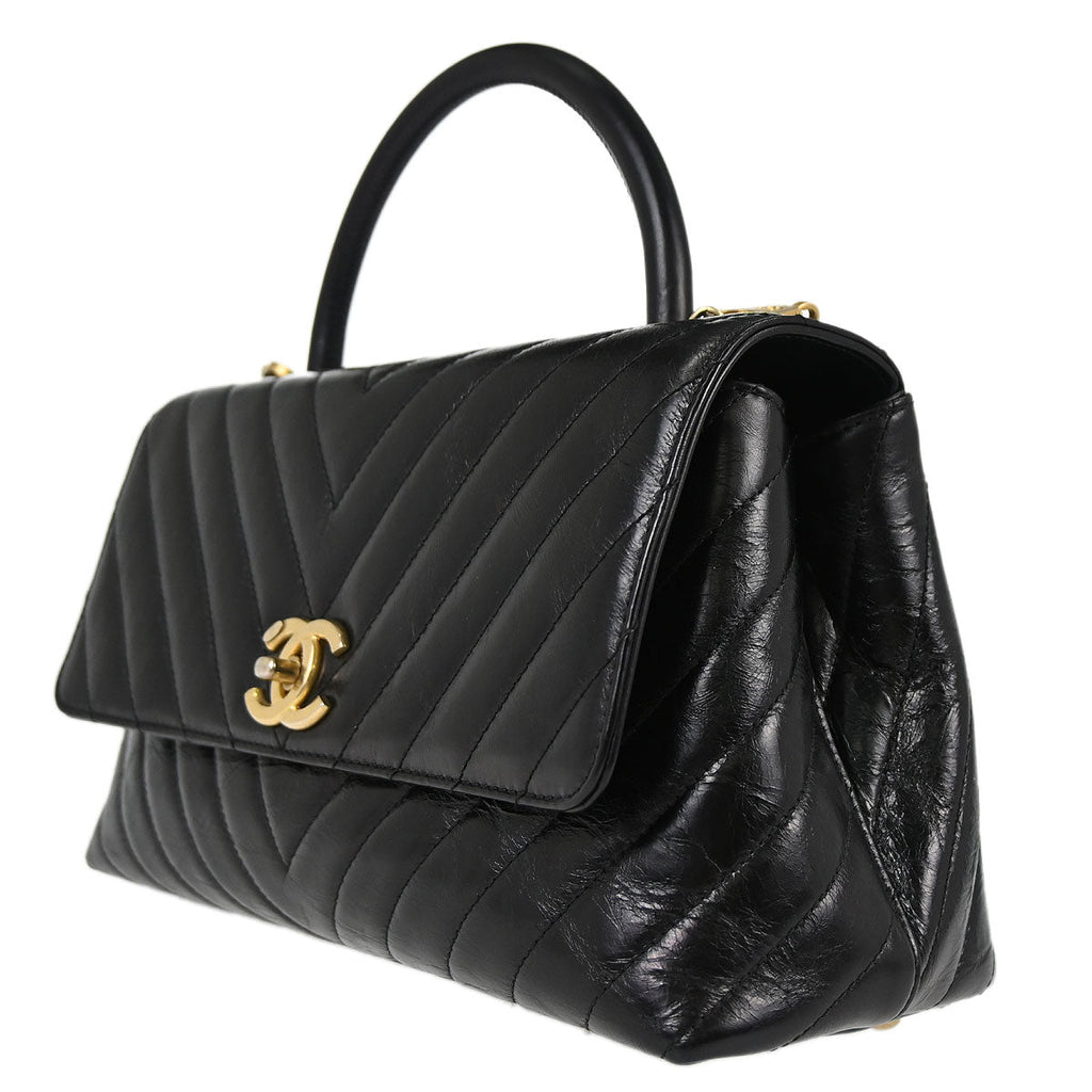 Chanel 2018 Black Calfskin Chevron Coco Handle 2way Shoulder Handbag