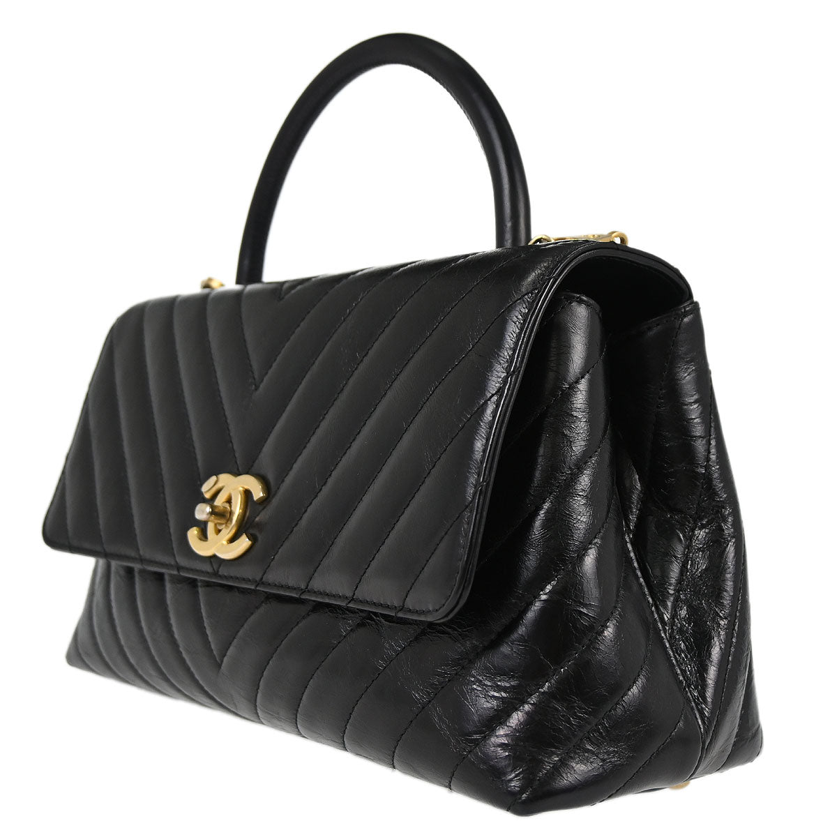 Chanel 2018 Black Calfskin Chevron Coco Handle 2way Shoulder Handbag
