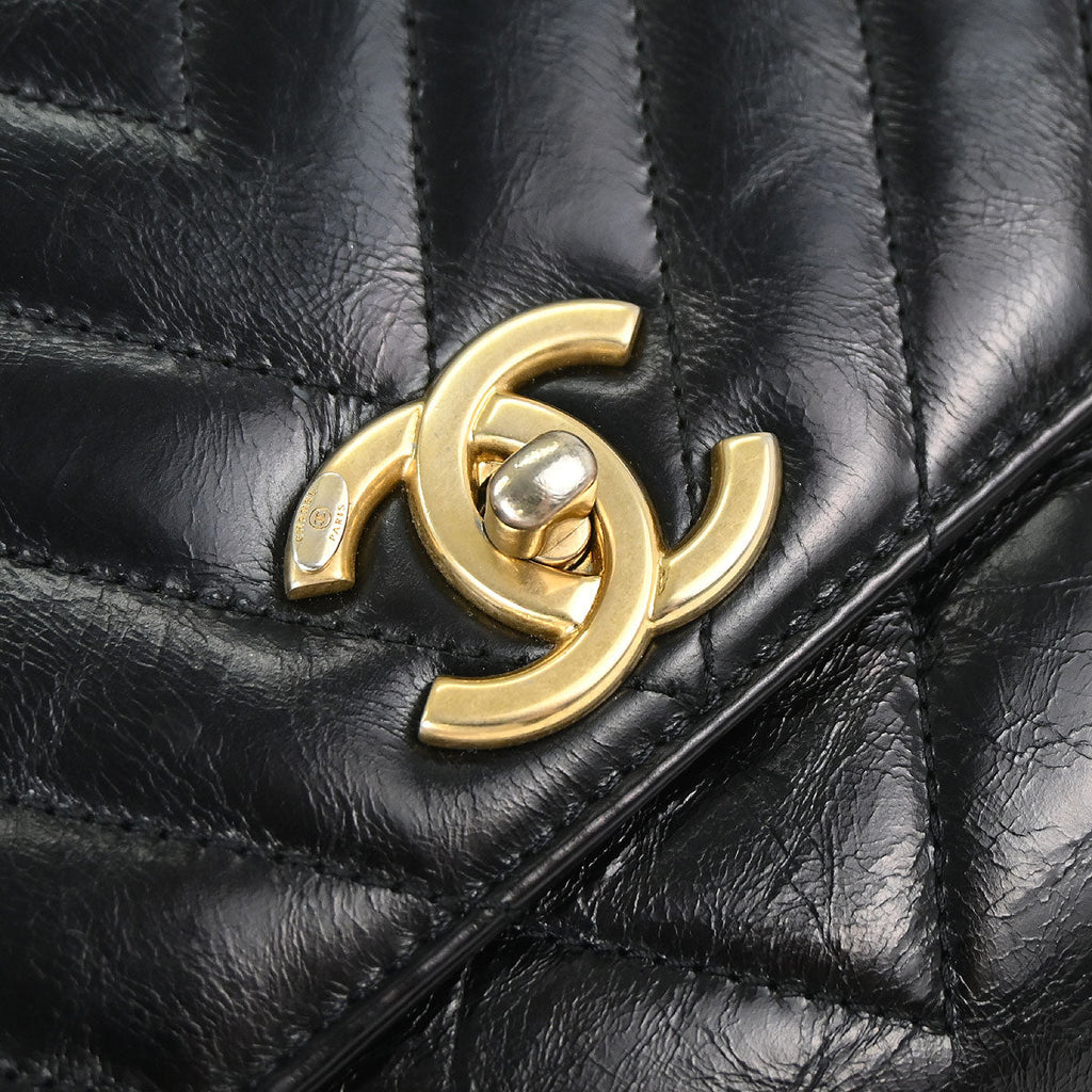 Chanel 2018 Black Calfskin Chevron Coco Handle 2way Shoulder Handbag