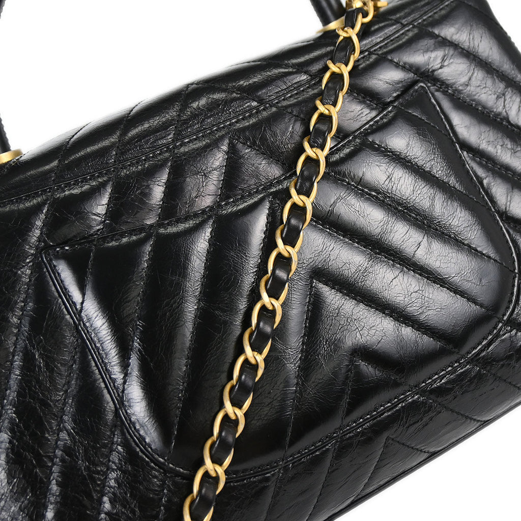 Chanel 2018 Black Calfskin Chevron Coco Handle 2way Shoulder Handbag