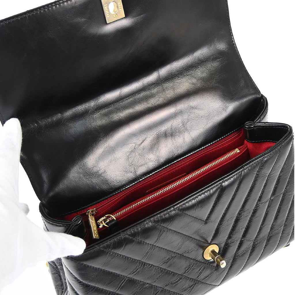 Chanel 2018 Black Calfskin Chevron Coco Handle 2way Shoulder Handbag