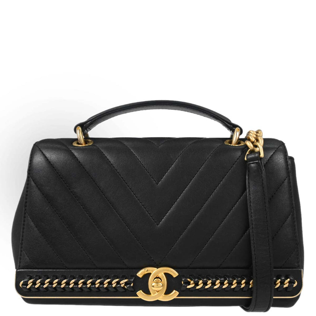 Chanel 2017-2018 Black Lambskin Chevron Top Handle 2way Shoulder Handbag