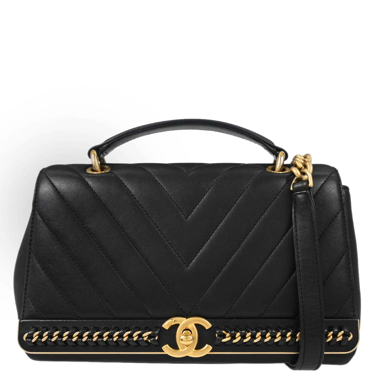 Chanel 2017-2018 Black Lambskin Chevron Top Handle 2way Shoulder Handbag