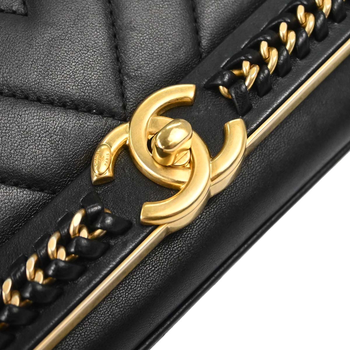 Chanel 2017-2018 Black Lambskin Chevron Top Handle 2way Shoulder Handbag