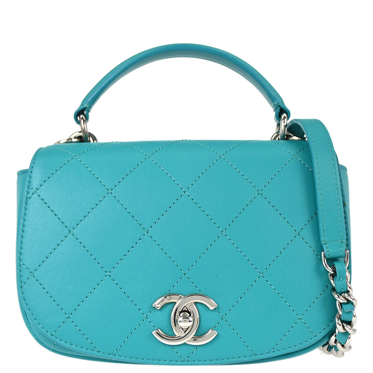 Chanel 2017 Turquoise Blue Lambskin Top Handle 2way Shoulder Handbag