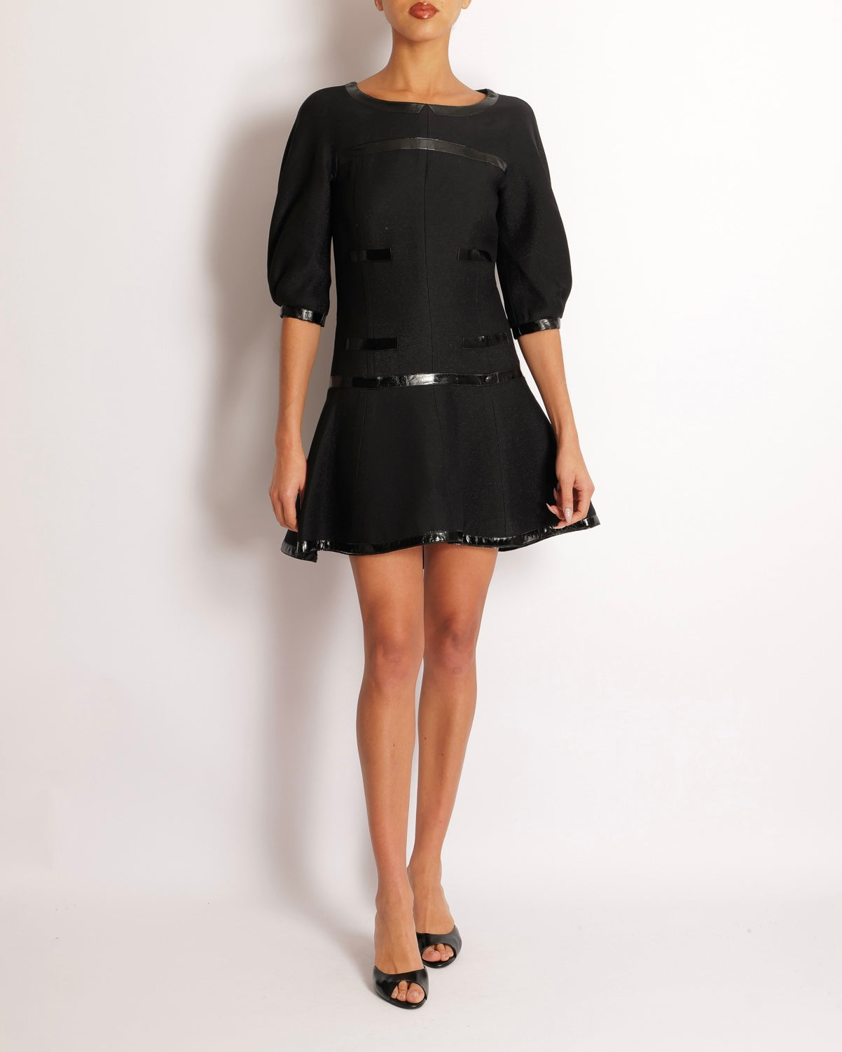 Chanel Fall 2013 Black Mini Dress with Patent Leather Effect Trim Details and Globe CC Logo Button Size FR 34 (UK 6)