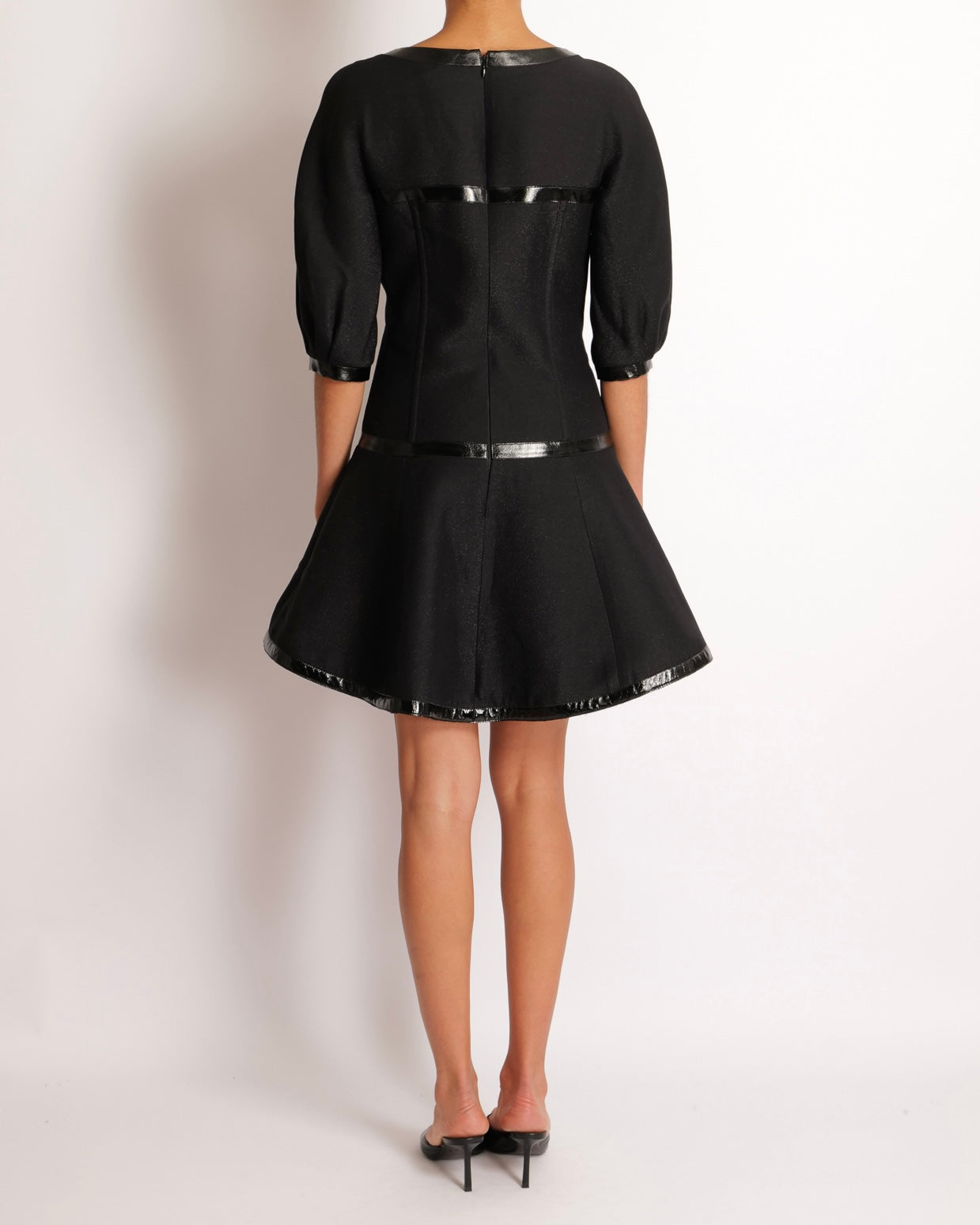 Chanel Fall 2013 Black Mini Dress with Patent Leather Effect Trim Details and Globe CC Logo Button Size FR 34 (UK 6)