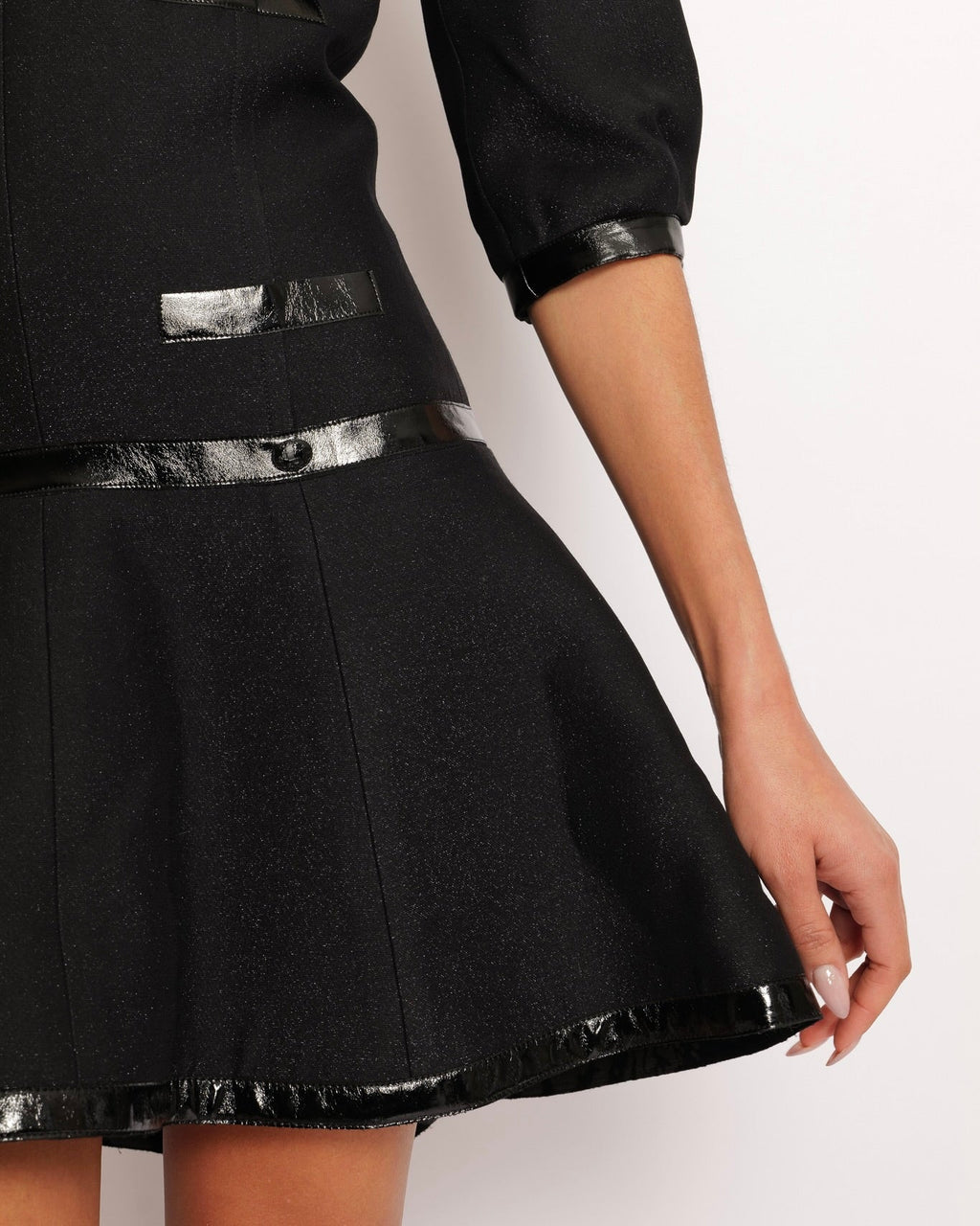 Chanel Fall 2013 Black Mini Dress with Patent Leather Effect Trim Details and Globe CC Logo Button Size FR 34 (UK 6)