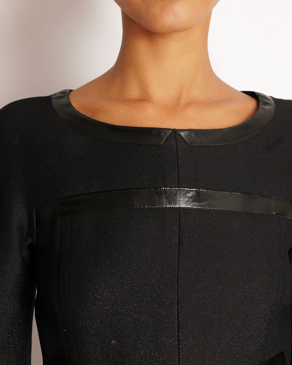 Chanel Fall 2013 Black Mini Dress with Patent Leather Effect Trim Details and Globe CC Logo Button Size FR 34 (UK 6)