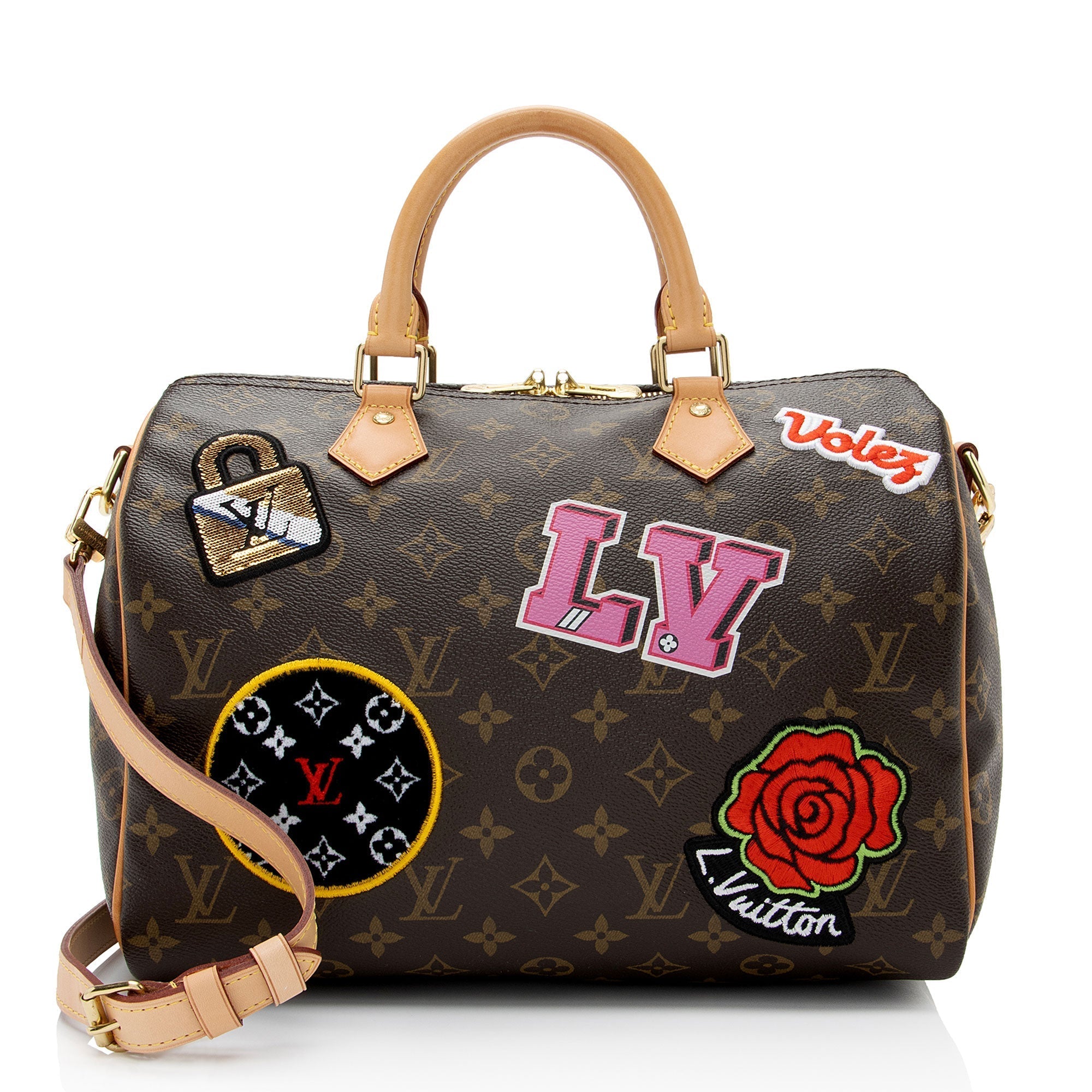 Louis Vuitton Monogram Canvas Patches Speedy Bandouliere 30 Satchel (SHF-Vfe38r)