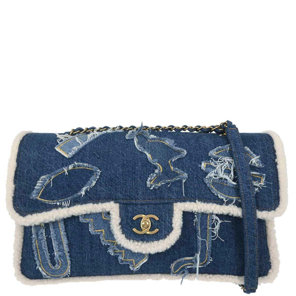 Chanel 2019 Blue Denim White Shearling Paris-New York Hieroglyph Maxi Flap Bag Gold Hardware