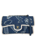 Chanel 2019 Blue Denim White Shearling Paris-New York Hieroglyph Maxi Flap Bag Gold Hardware