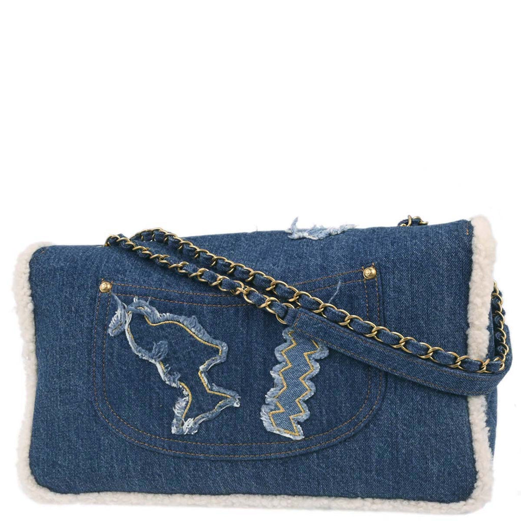 Chanel 2019 Blue Denim White Shearling Paris-New York Hieroglyph Maxi Flap Bag Gold Hardware