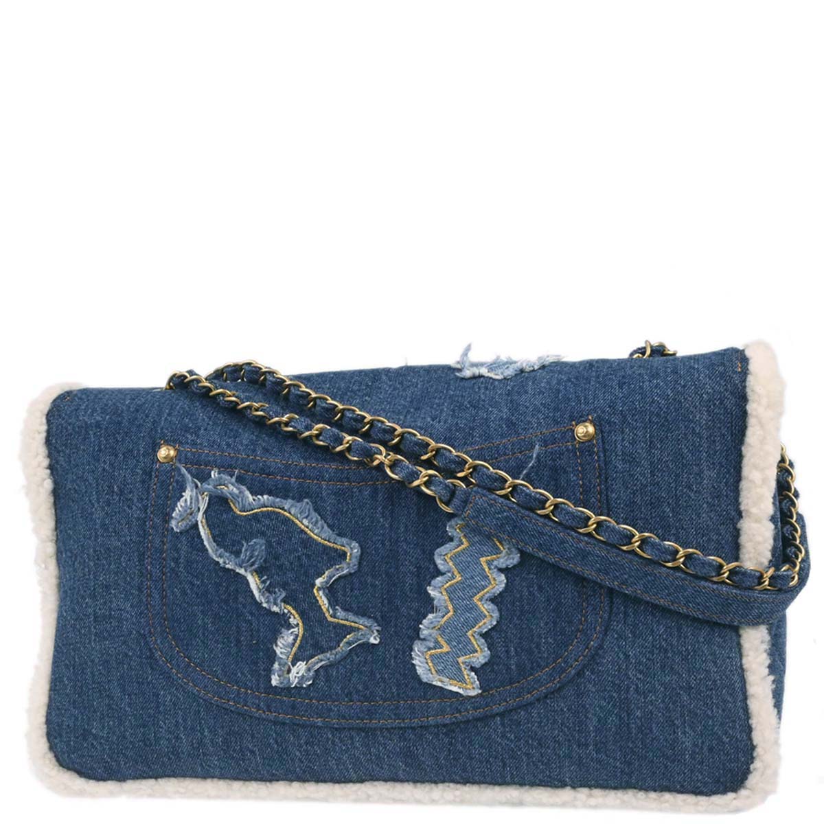 Chanel 2019 Blue Denim White Shearling Paris-New York Hieroglyph Maxi Flap Bag Gold Hardware