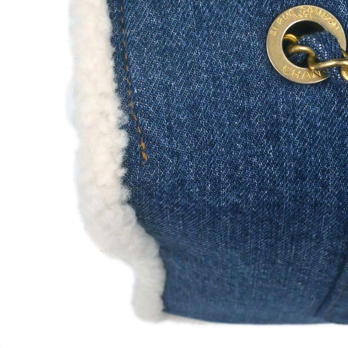 Chanel 2019 Blue Denim White Shearling Paris-New York Hieroglyph Maxi Flap Bag Gold Hardware