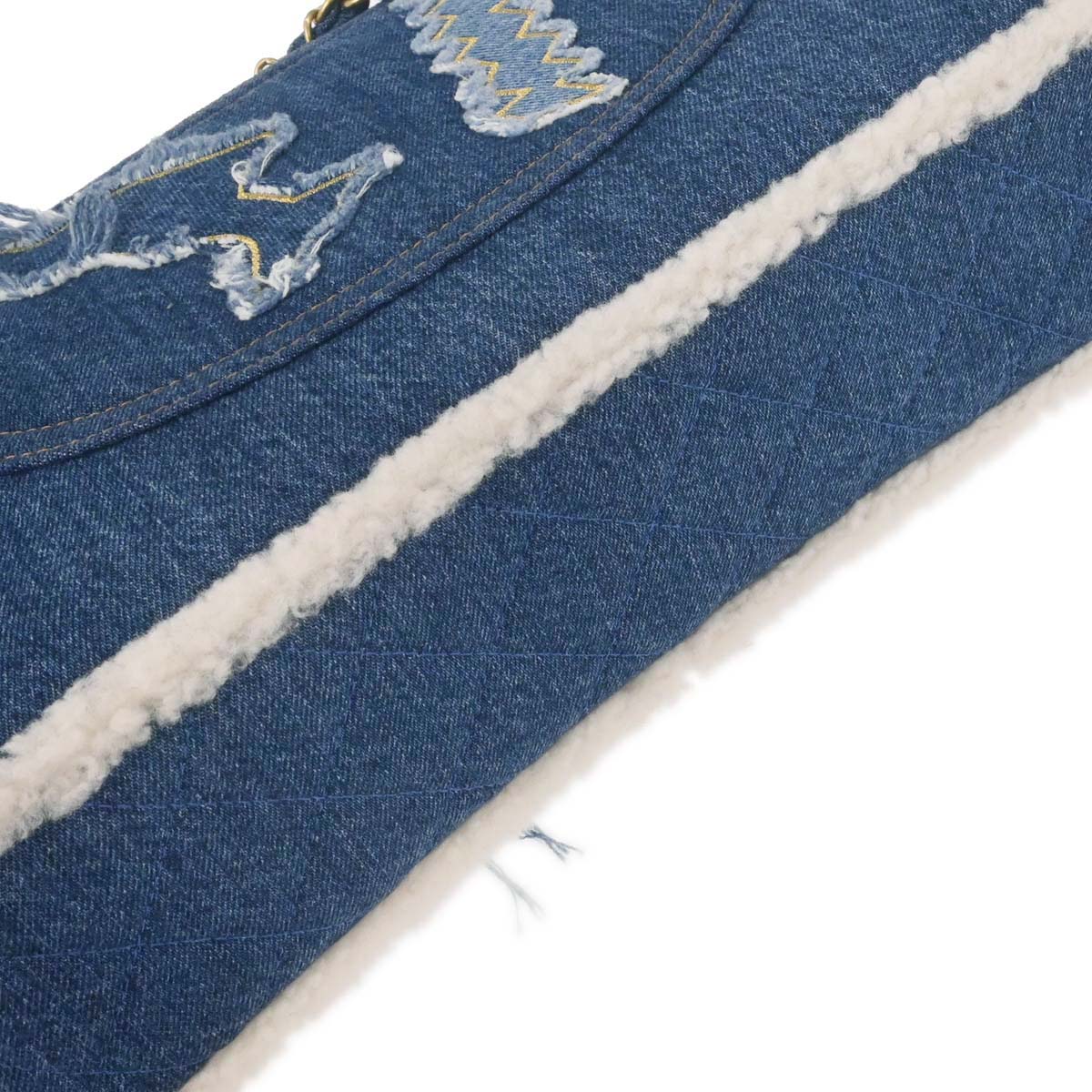 Chanel 2019 Blue Denim White Shearling Paris-New York Hieroglyph Maxi Flap Bag Gold Hardware