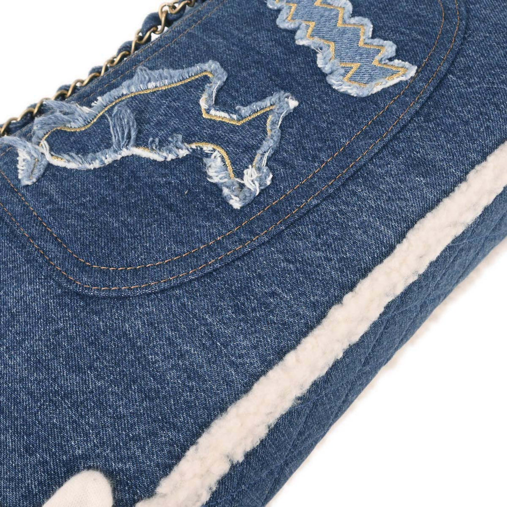 Chanel 2019 Blue Denim White Shearling Paris-New York Hieroglyph Maxi Flap Bag Gold Hardware