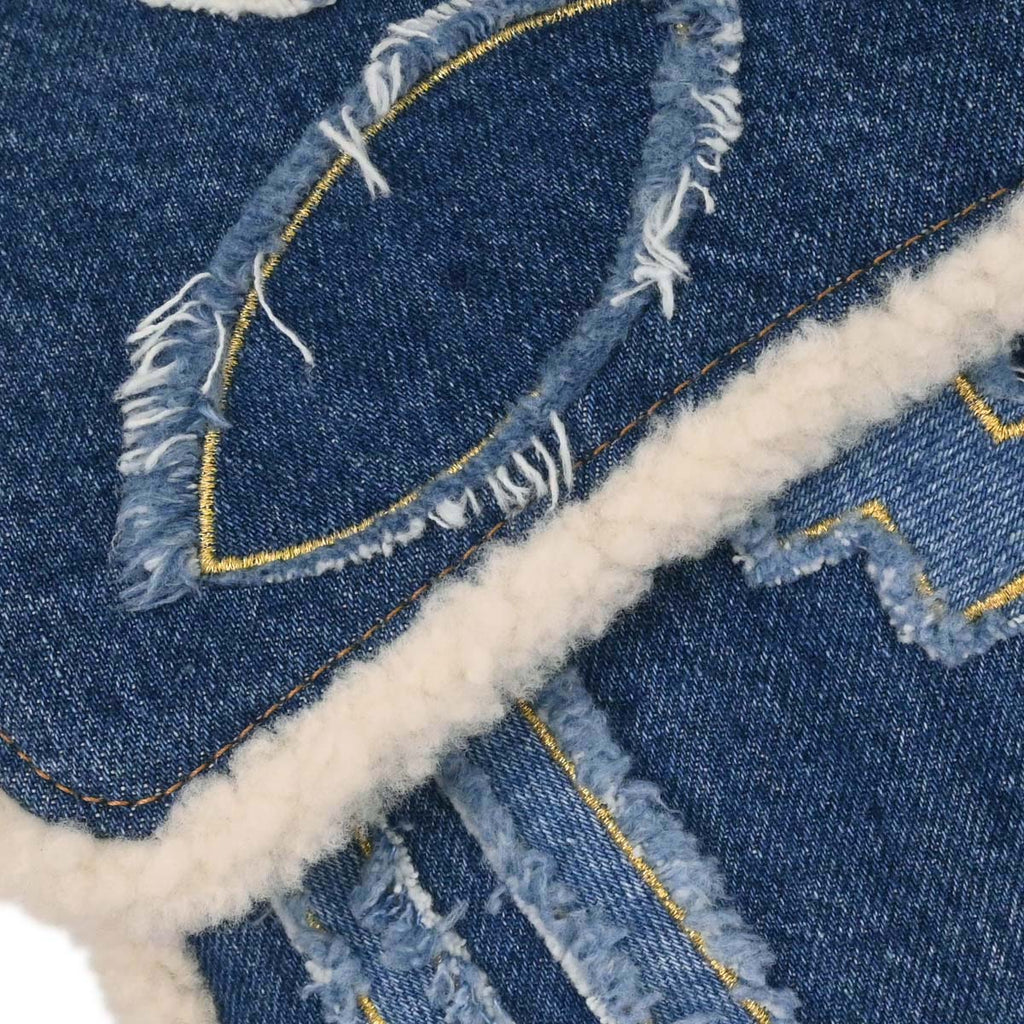 Chanel 2019 Blue Denim White Shearling Paris-New York Hieroglyph Maxi Flap Bag Gold Hardware