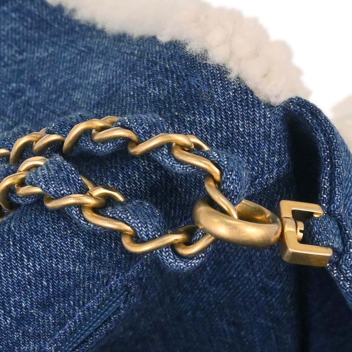 Chanel 2019 Blue Denim White Shearling Paris-New York Hieroglyph Maxi Flap Bag Gold Hardware