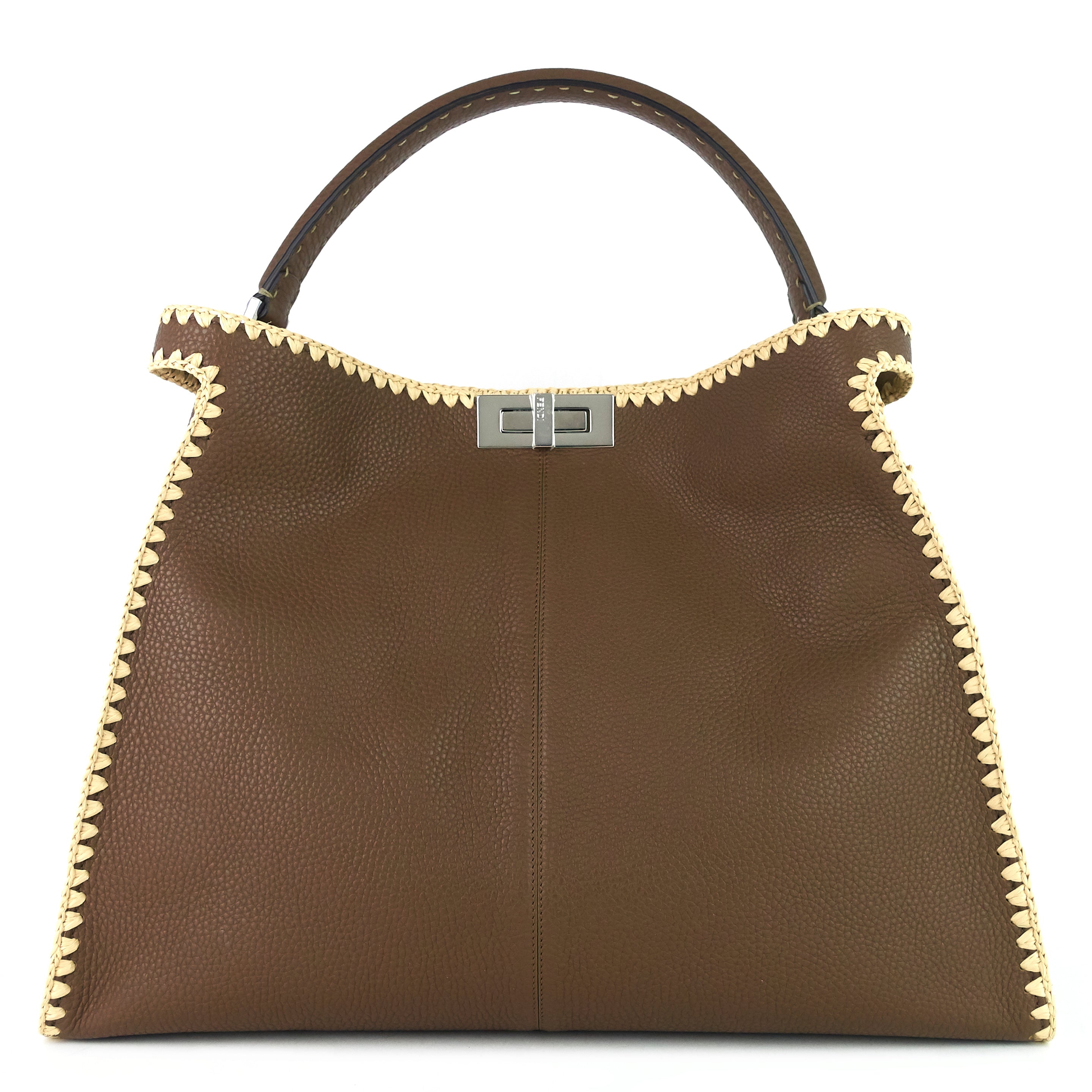 FENDI Peekaboo X-Lite Large Pebbled Calfskin and Raffia Tote Bag