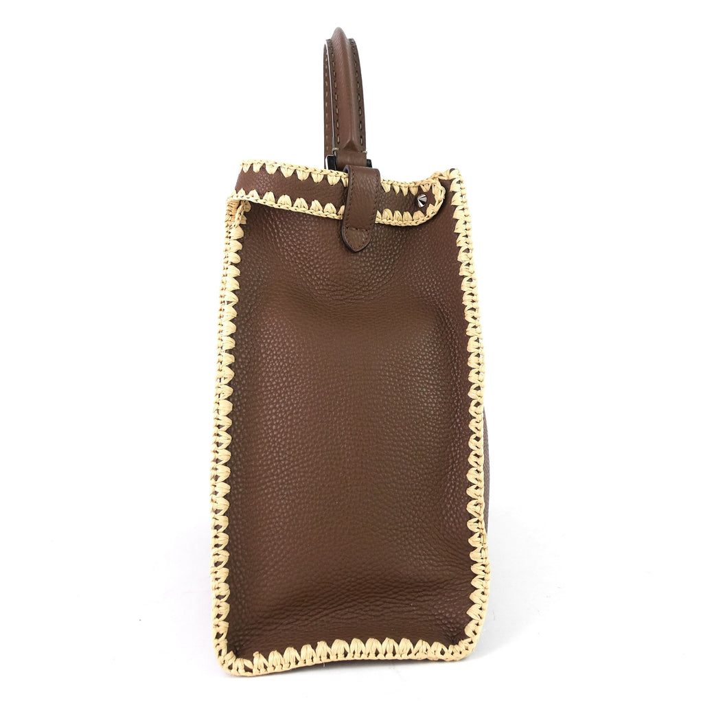 FENDI Peekaboo X-Lite Large Pebbled Calfskin and Raffia Tote Bag