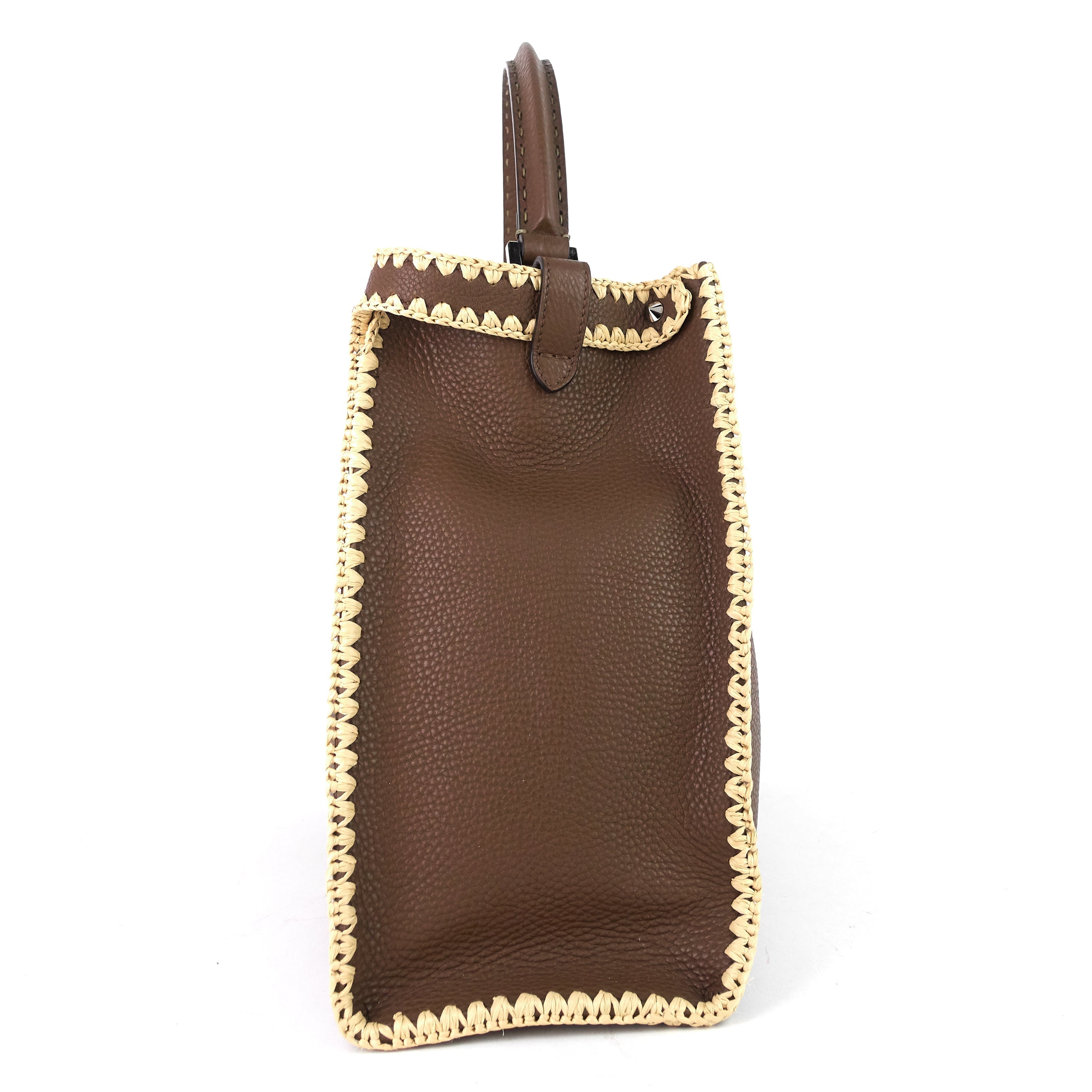FENDI Peekaboo X-Lite Large Pebbled Calfskin and Raffia Tote Bag