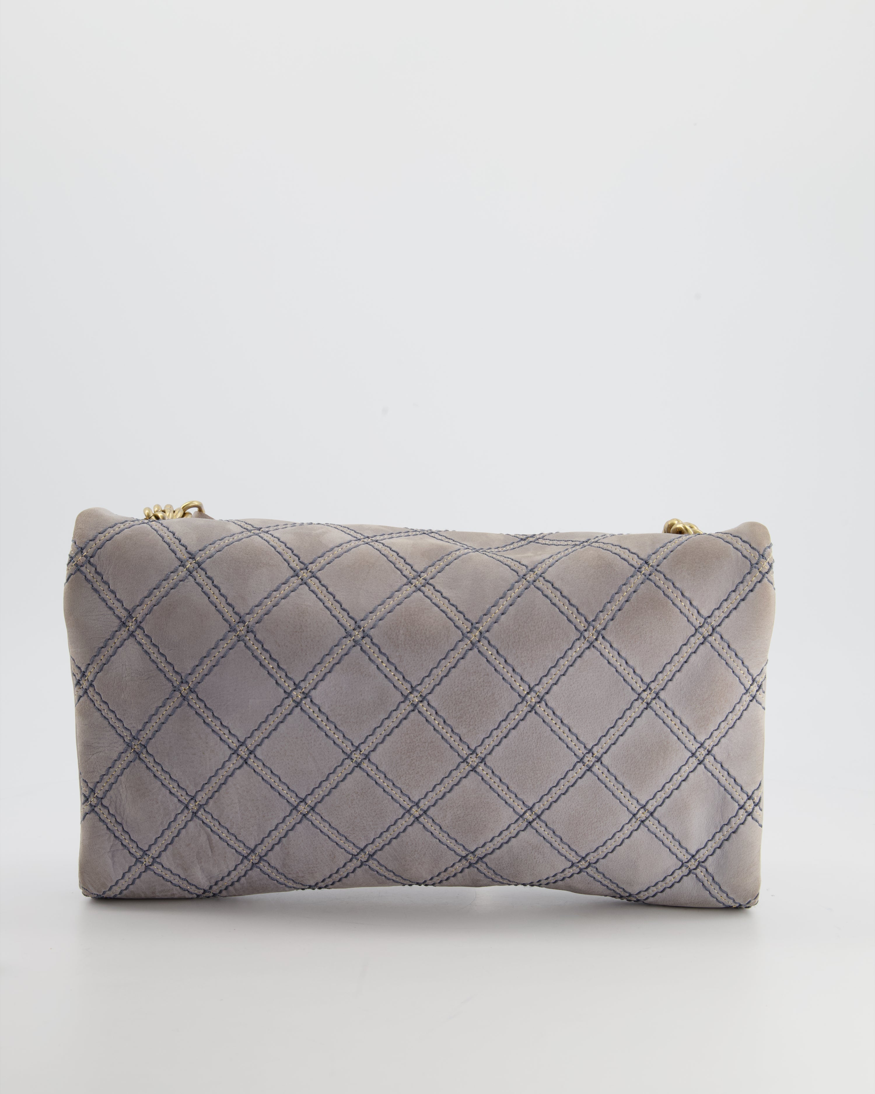 Chanel Powder Grey Suede Quilted Flap Bag with Gold Hardware