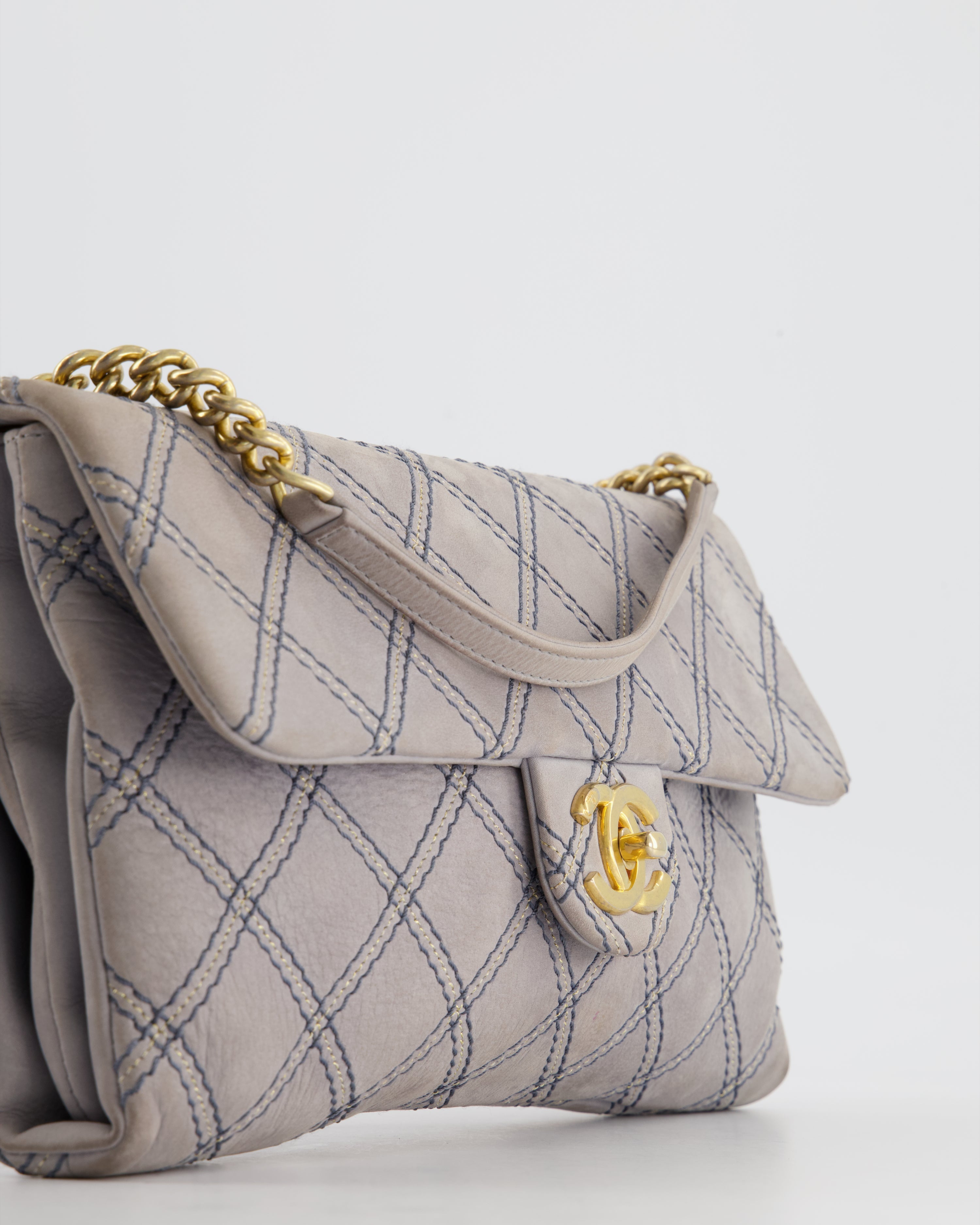 Chanel Powder Grey Suede Quilted Flap Bag with Gold Hardware