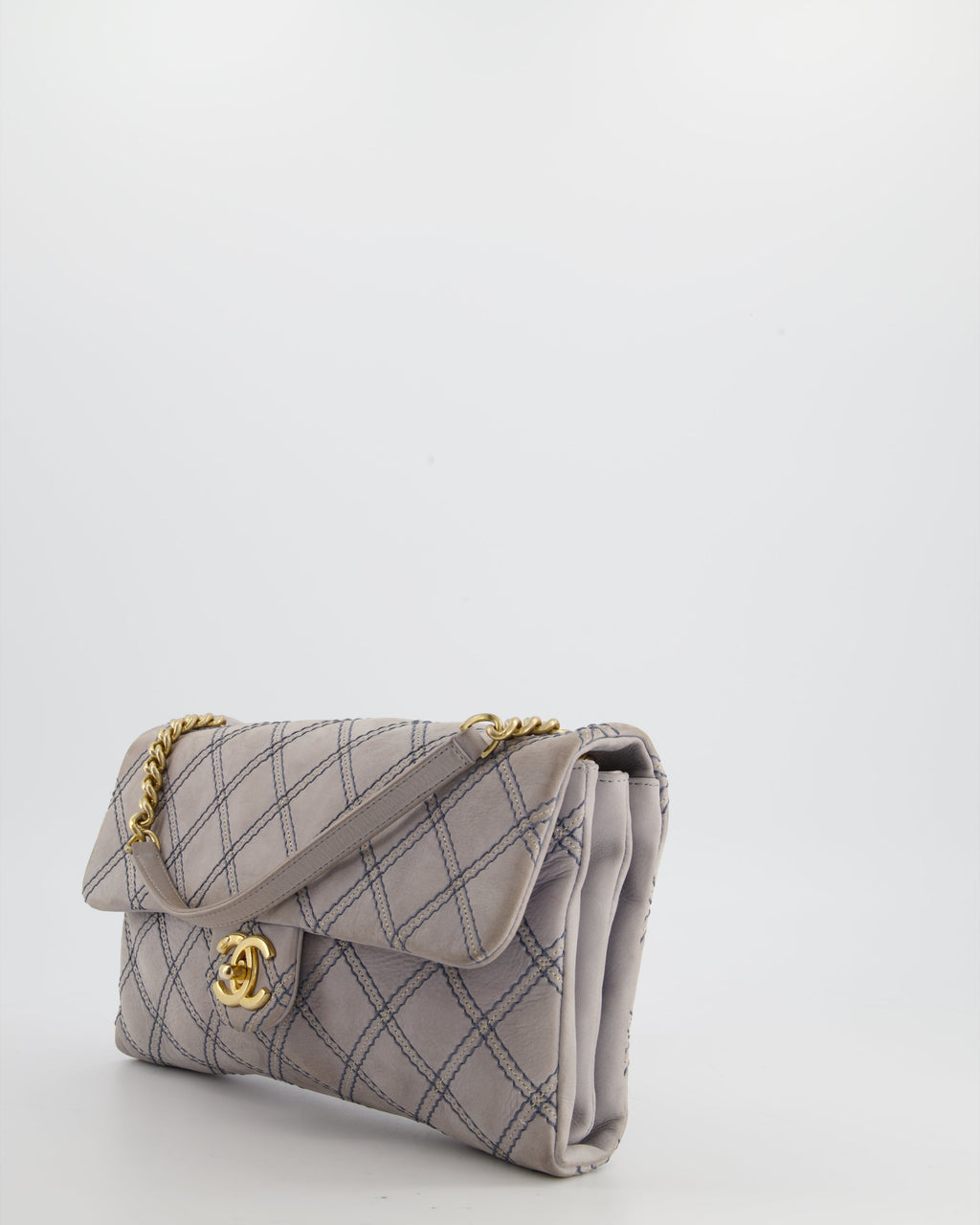 Chanel Powder Grey Suede Quilted Flap Bag with Gold Hardware