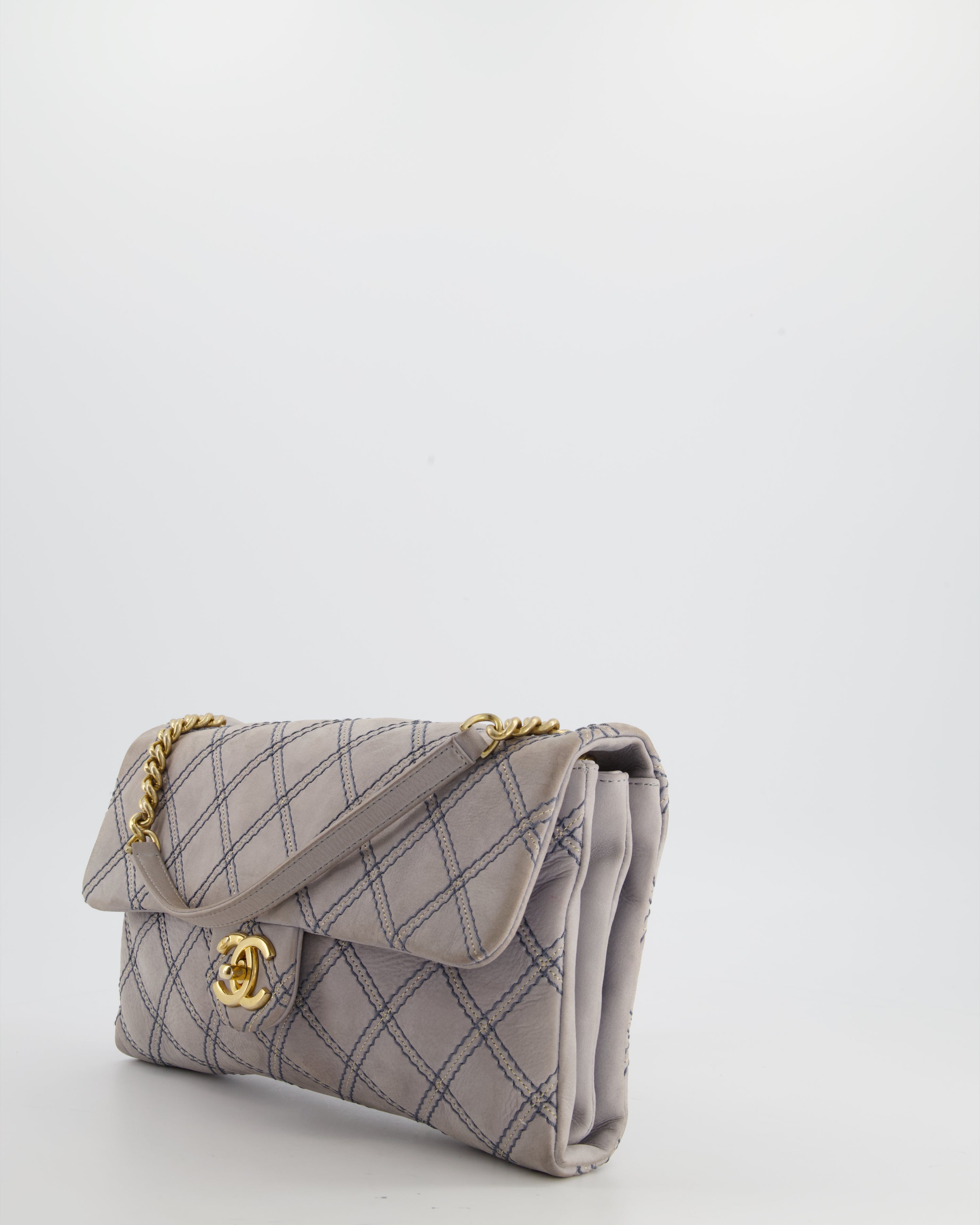Chanel Powder Grey Suede Quilted Flap Bag with Gold Hardware