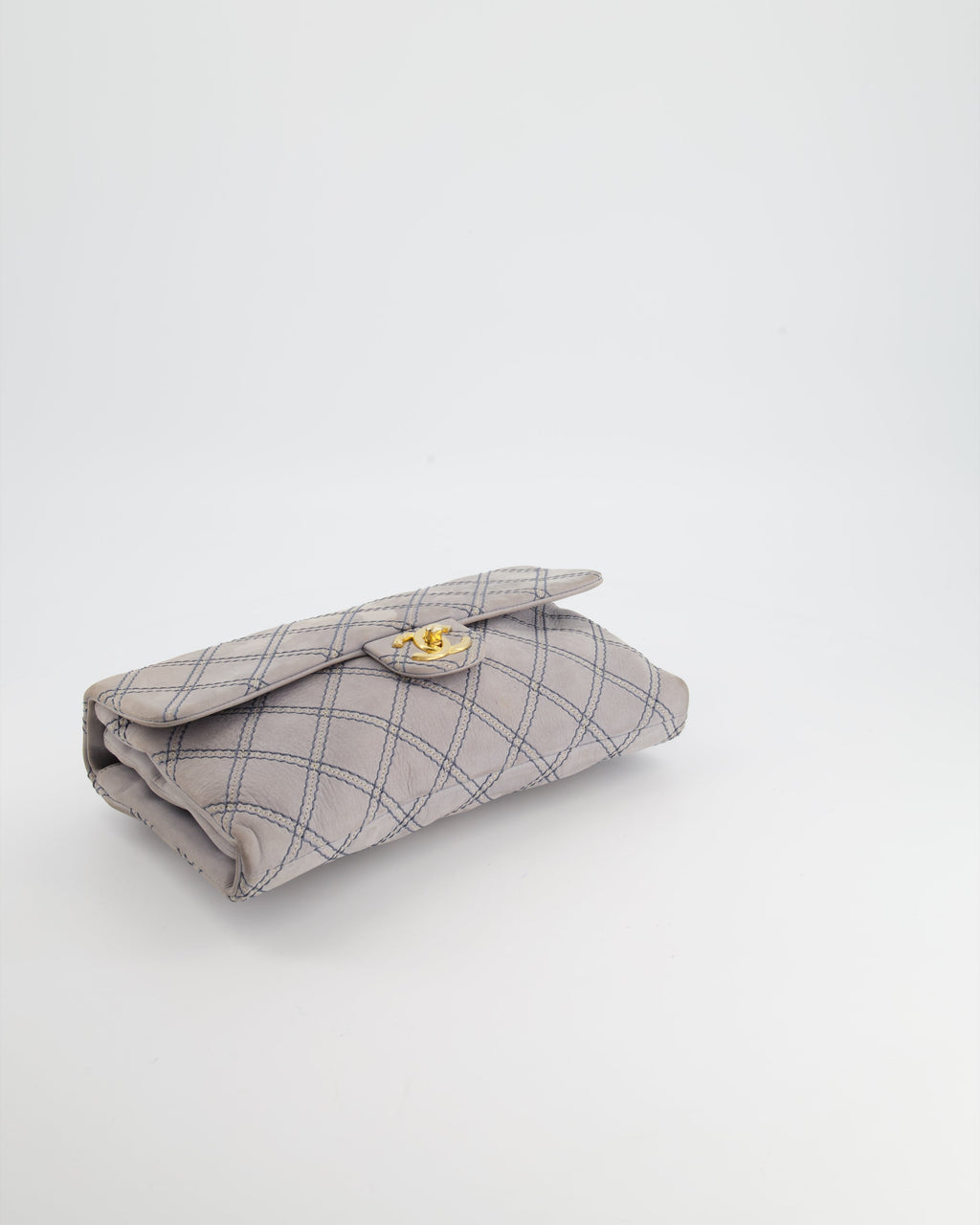 Chanel Powder Grey Suede Quilted Flap Bag with Gold Hardware