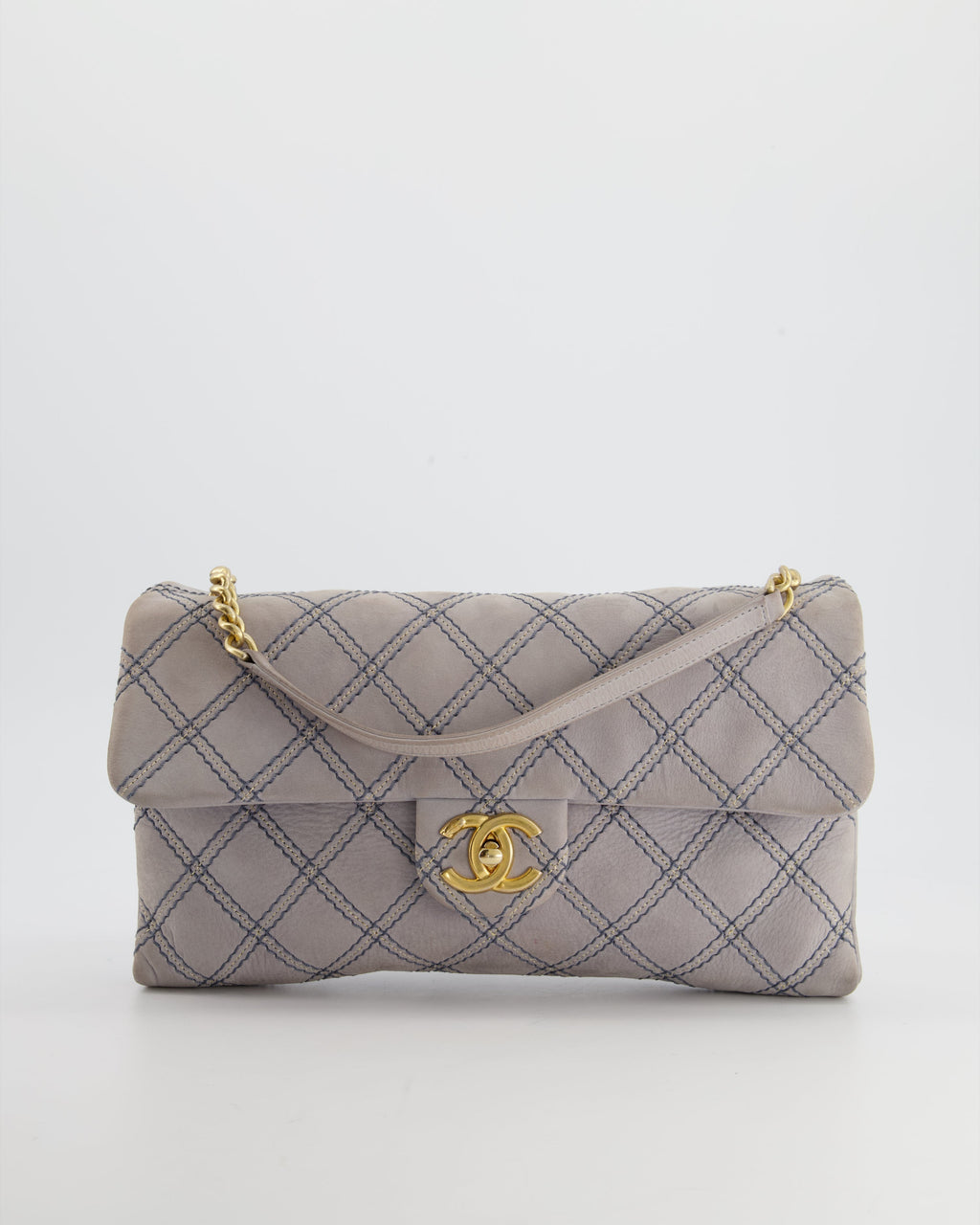 Chanel Powder Grey Suede Quilted Flap Bag with Gold Hardware