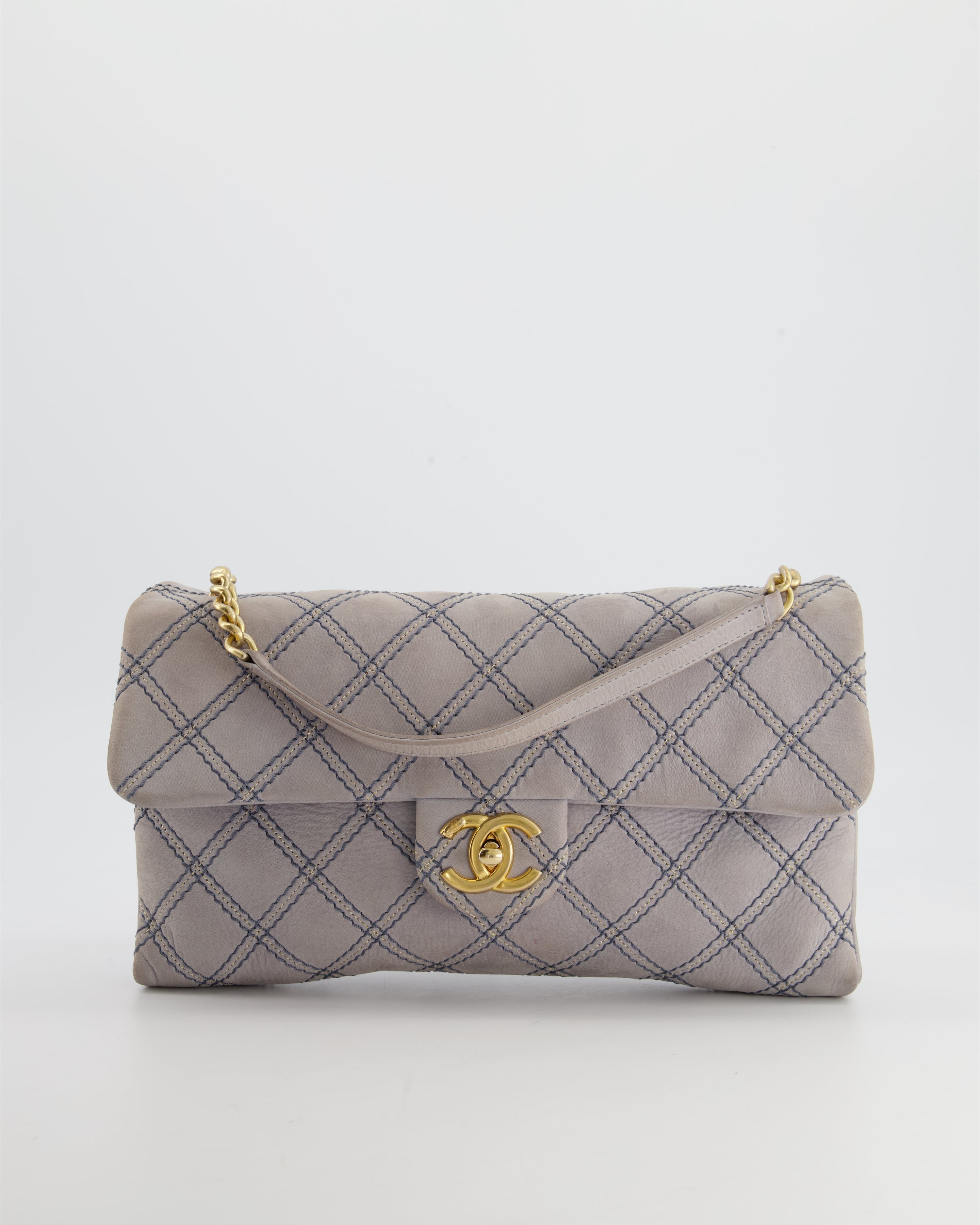 Chanel Powder Grey Suede Quilted Flap Bag with Gold Hardware