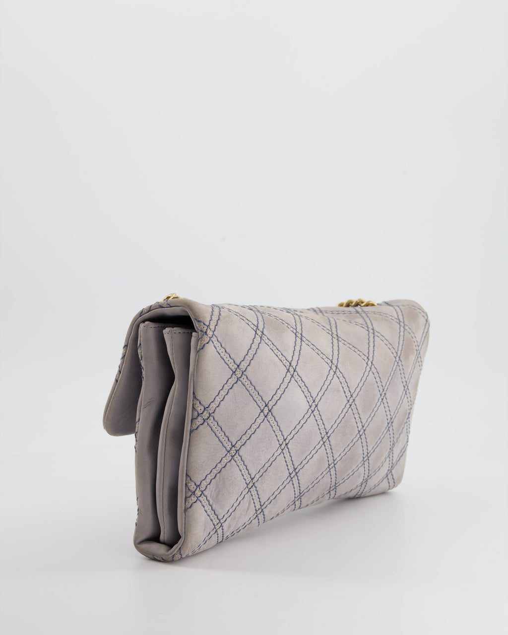 Chanel Powder Grey Suede Quilted Flap Bag with Gold Hardware
