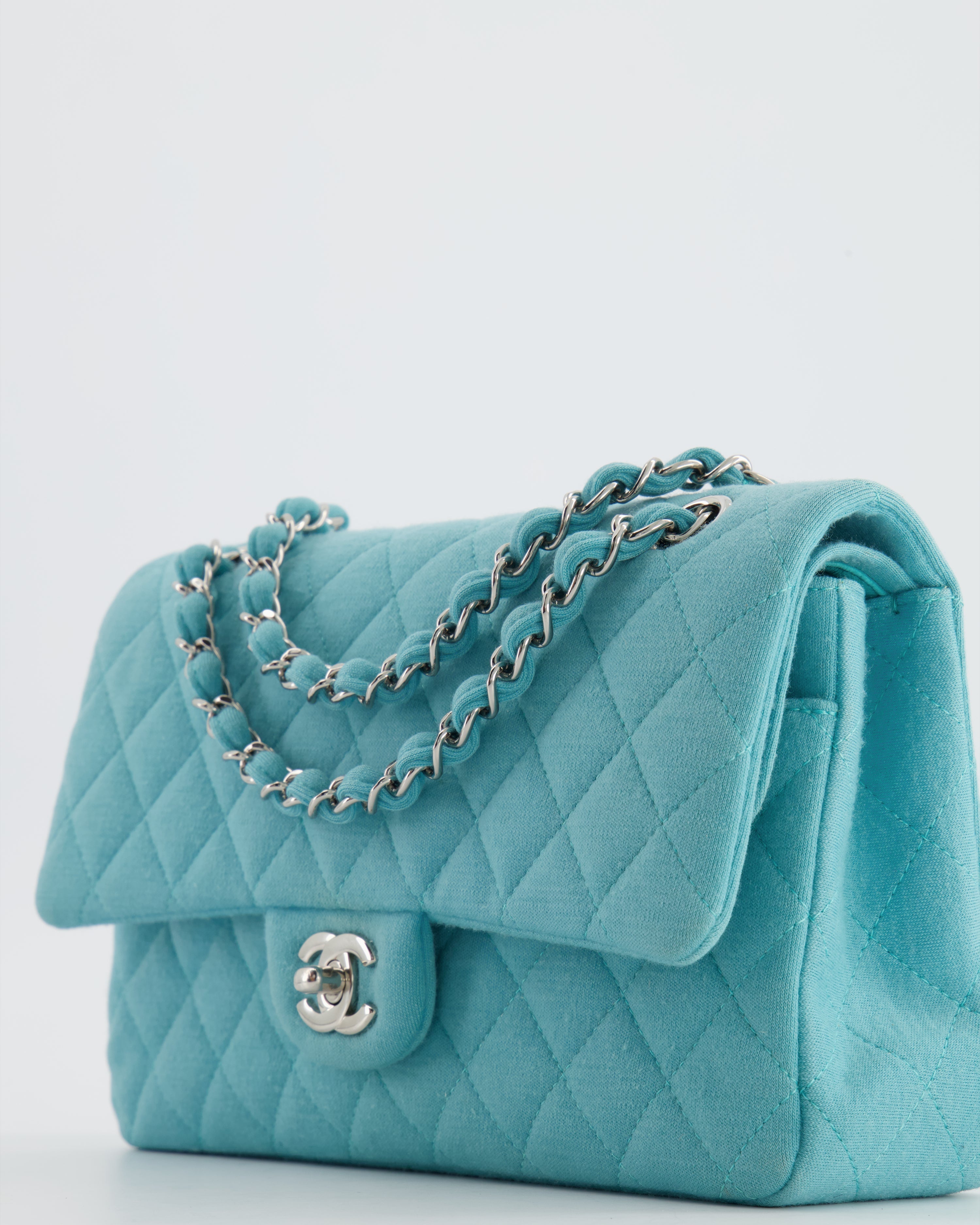 Chanel Turquoise Blue Canvas Medium Classic Double Flap with Silver Hardware  RRP - £8,530