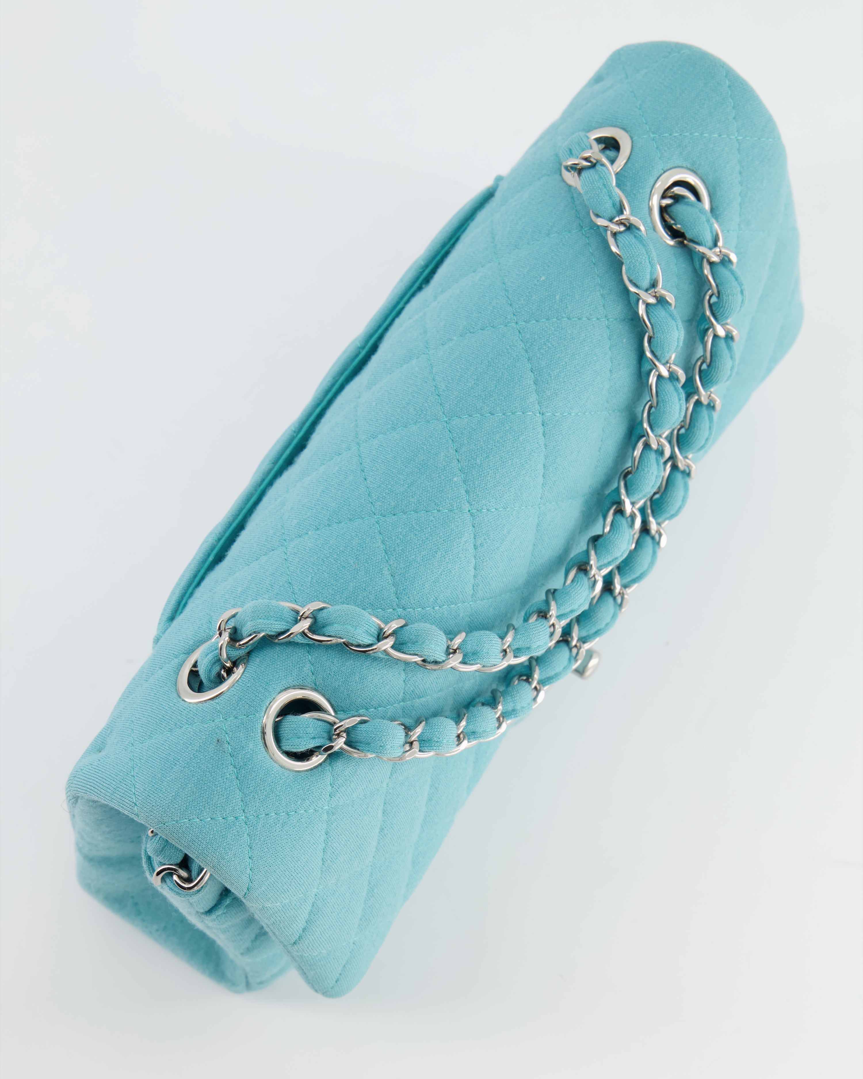 Chanel Turquoise Blue Canvas Medium Classic Double Flap with Silver Hardware  RRP - £8,530