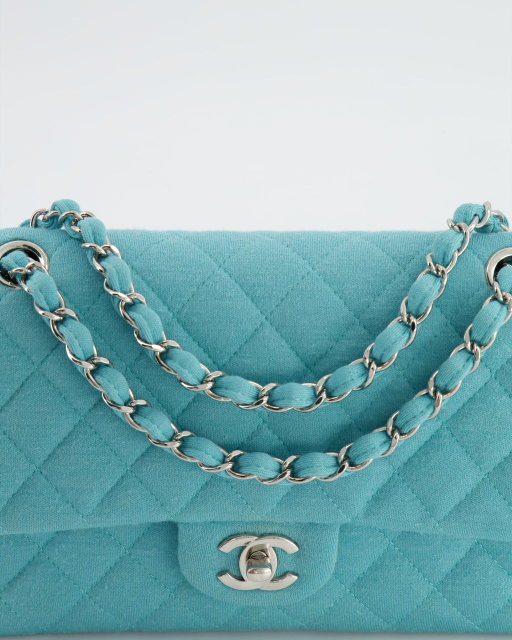 Chanel Turquoise Blue Canvas Medium Classic Double Flap with Silver Hardware  RRP - £8,530