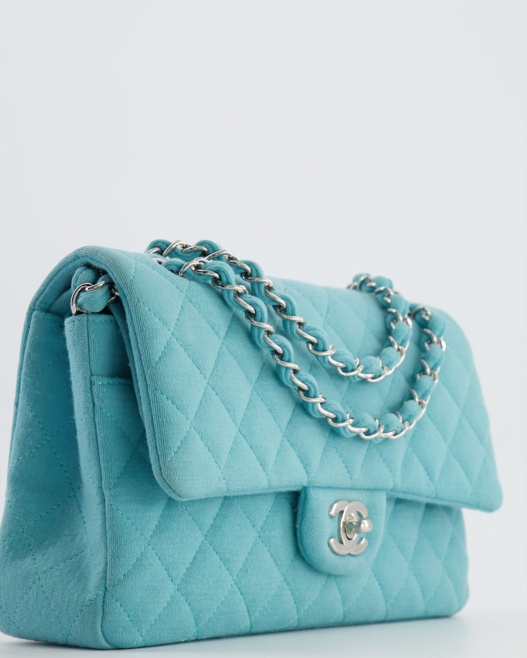 Chanel Turquoise Blue Canvas Medium Classic Double Flap with Silver Hardware  RRP - £8,530