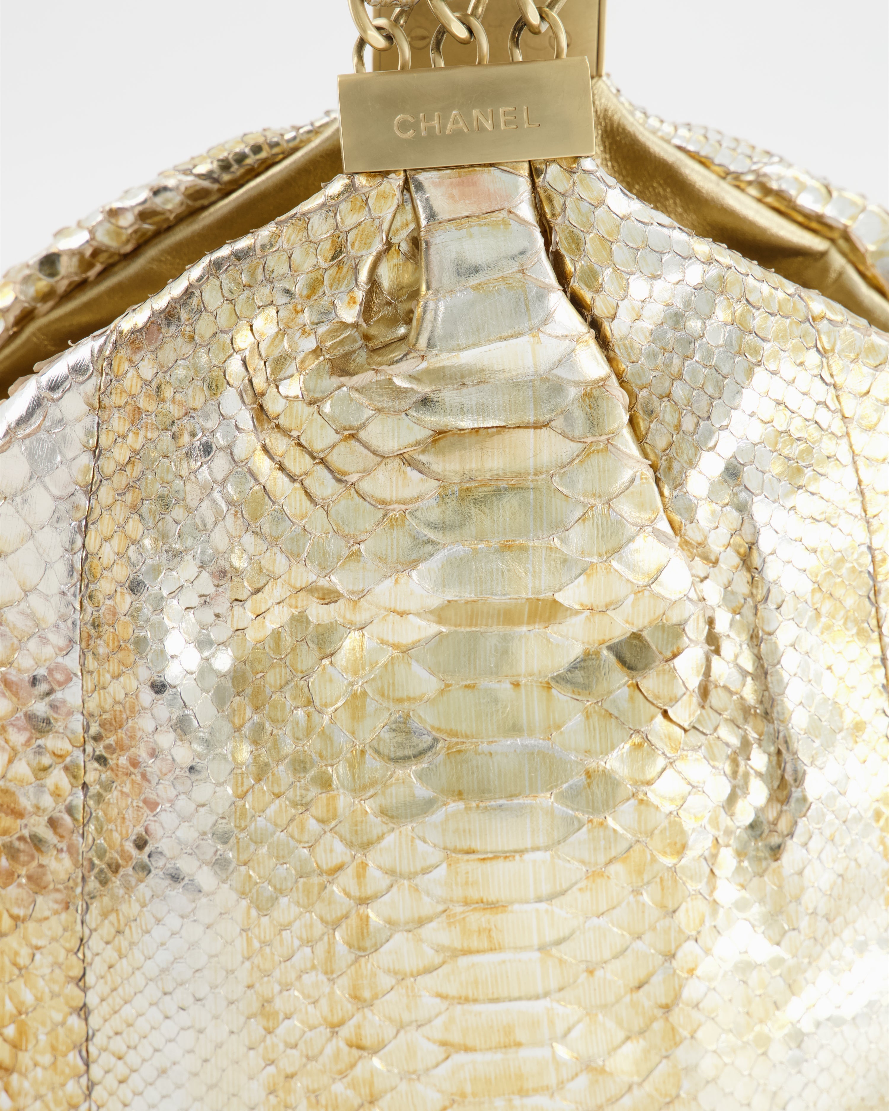 Chanel Vintage Limited Edition Gold Metallic Python Top Handle Bag