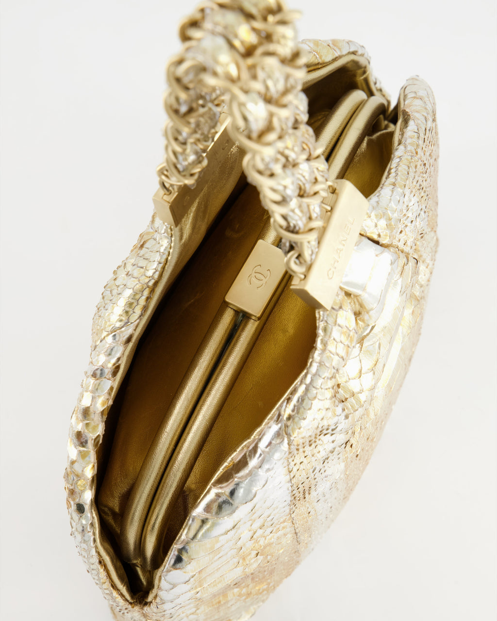 Chanel Vintage Limited Edition Gold Metallic Python Top Handle Bag
