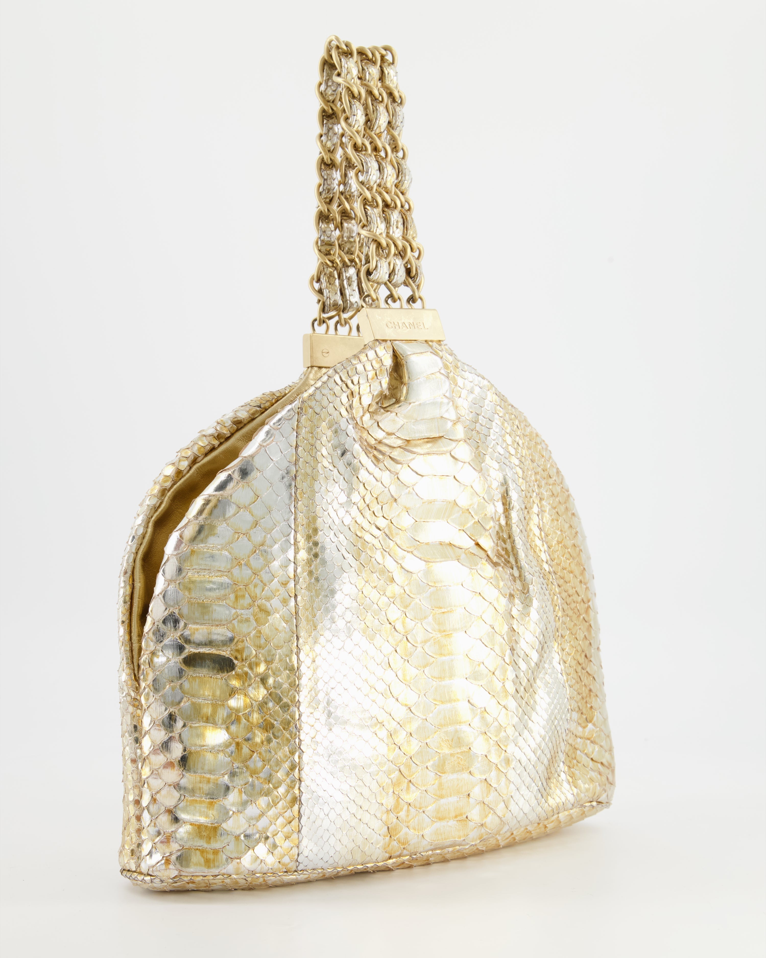 Chanel Vintage Limited Edition Gold Metallic Python Top Handle Bag
