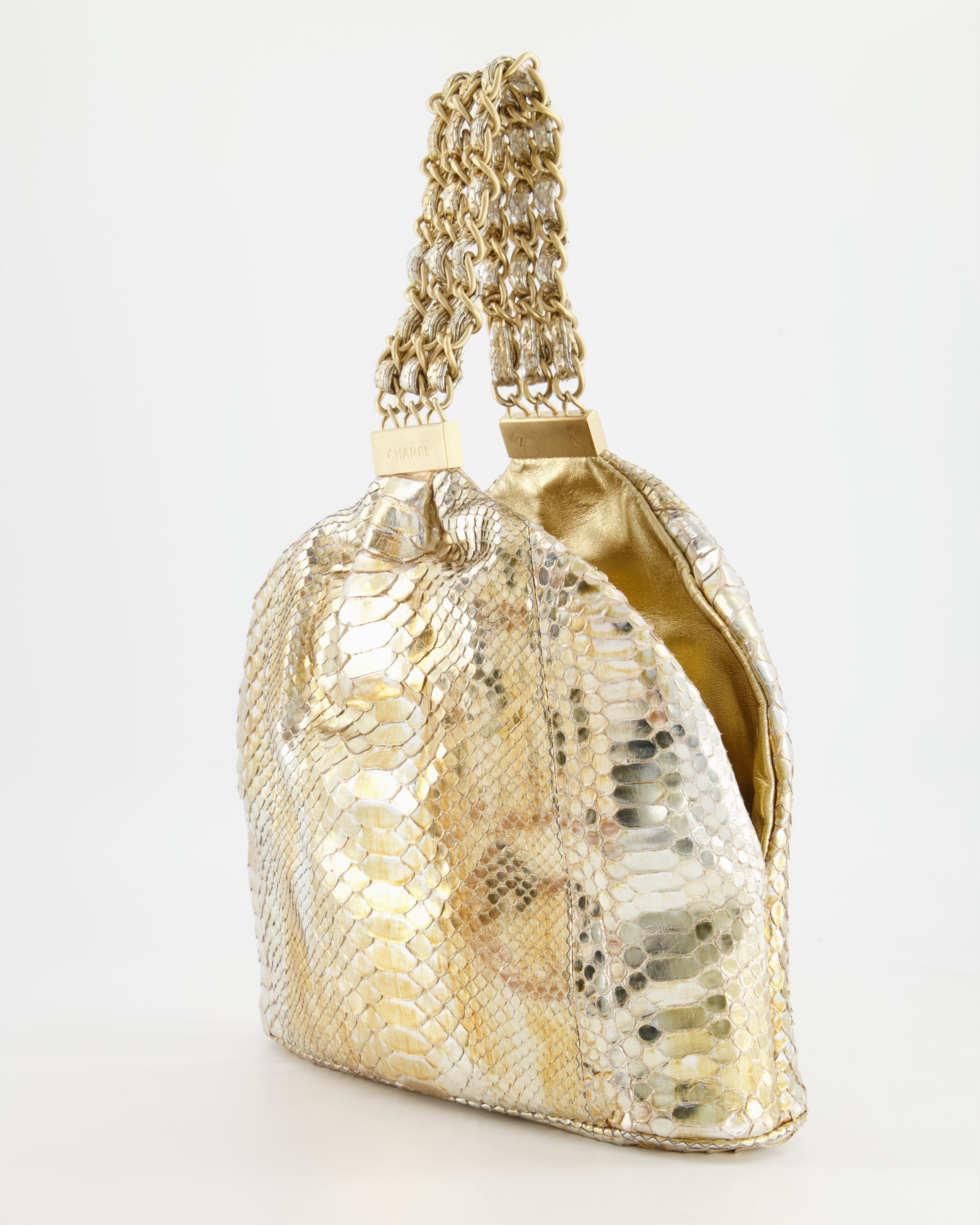 Chanel Vintage Limited Edition Gold Metallic Python Top Handle Bag