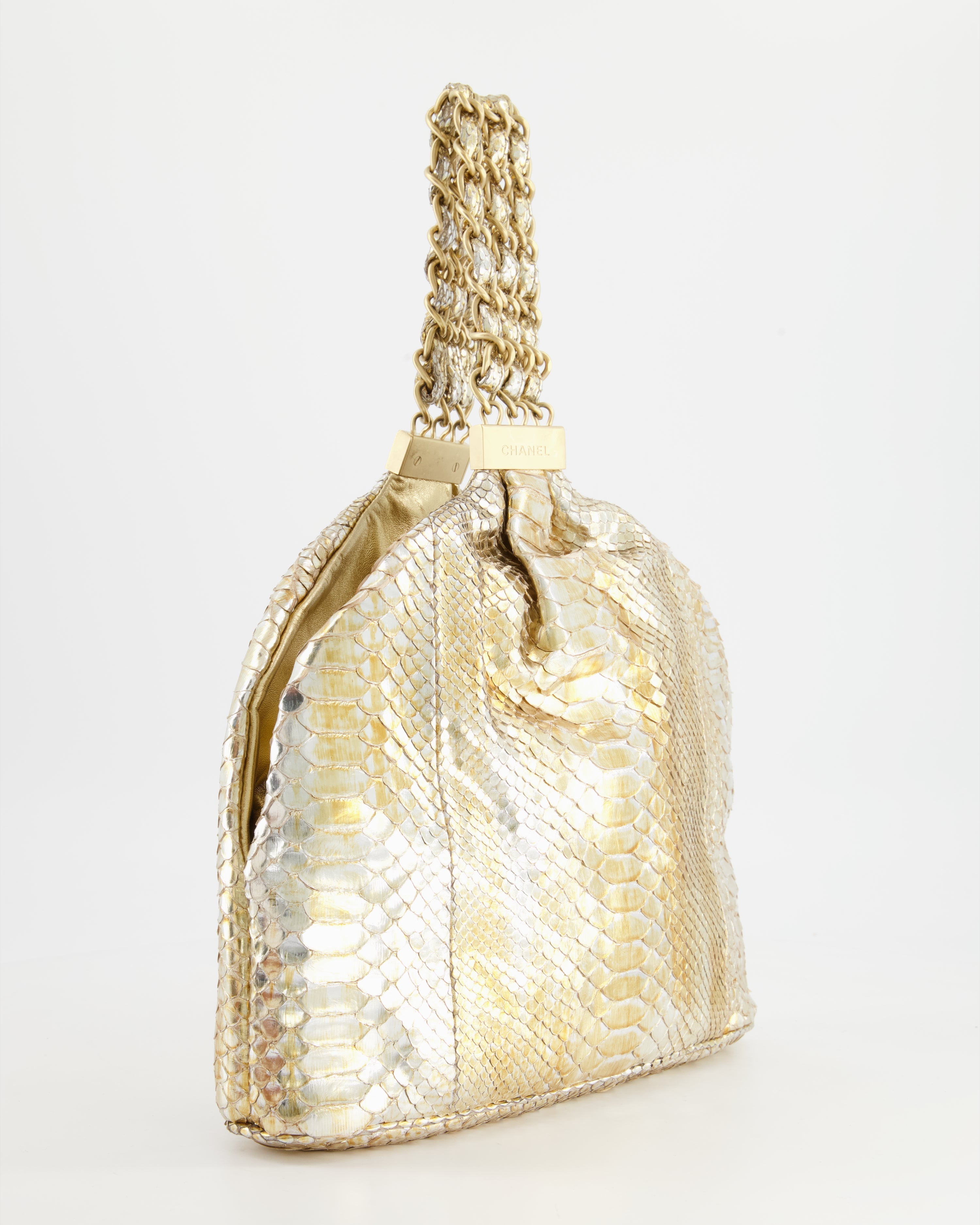 Chanel Vintage Limited Edition Gold Metallic Python Top Handle Bag